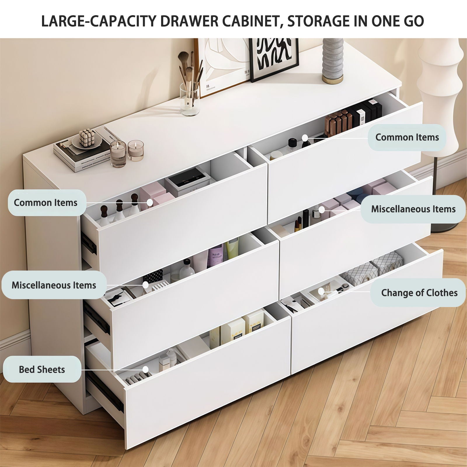 6 Drawer Dresser With Spacious Countertop And Concealed Handles