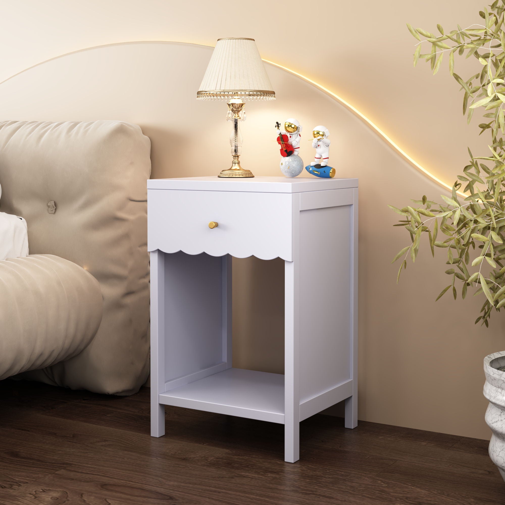 Nightstand With Drawer And Open Shelf, Scalloped Edge Bedside Table