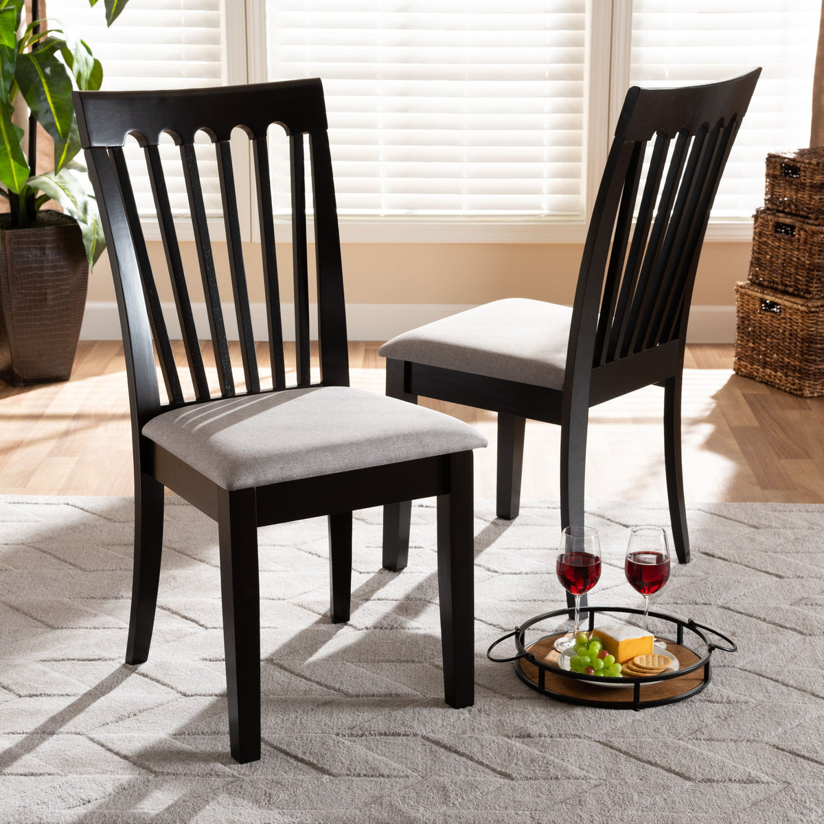 Minette Modern and Contemporary Gray Fabric Upholstered and Espresso Brown Finished Wood 2-Piece Dining Chair Set
