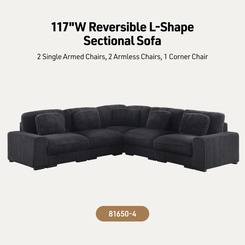 Sloane 117"W Charcoal Corduroy Fabric Reversible L-Shape Modular Sectional Sofa