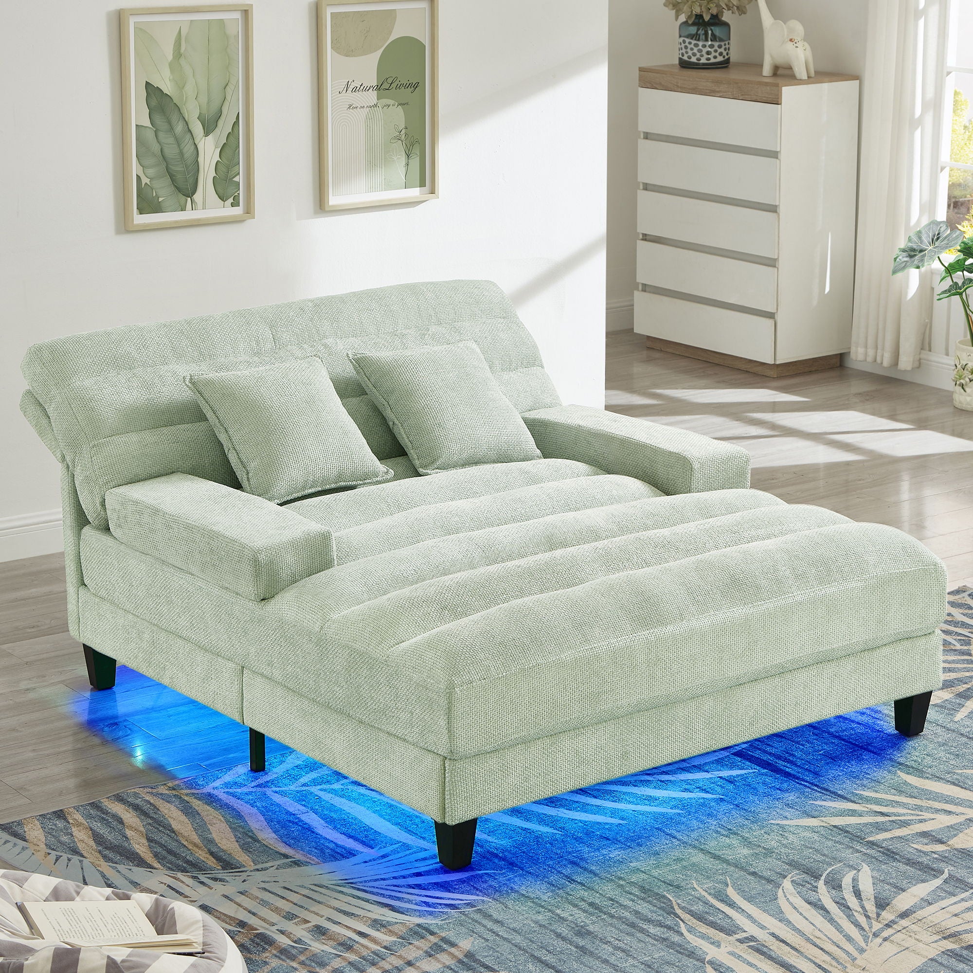 Chaise Bed Lounge Sofa Chair With Adjustable Backrest And LED Light Strip - Green