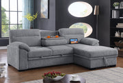 Kipling II 94"W Light Gray Chenille Fabric Sleeper Sectional Sofa with Right-Facing Chaise, Cupholders, USB Charging port