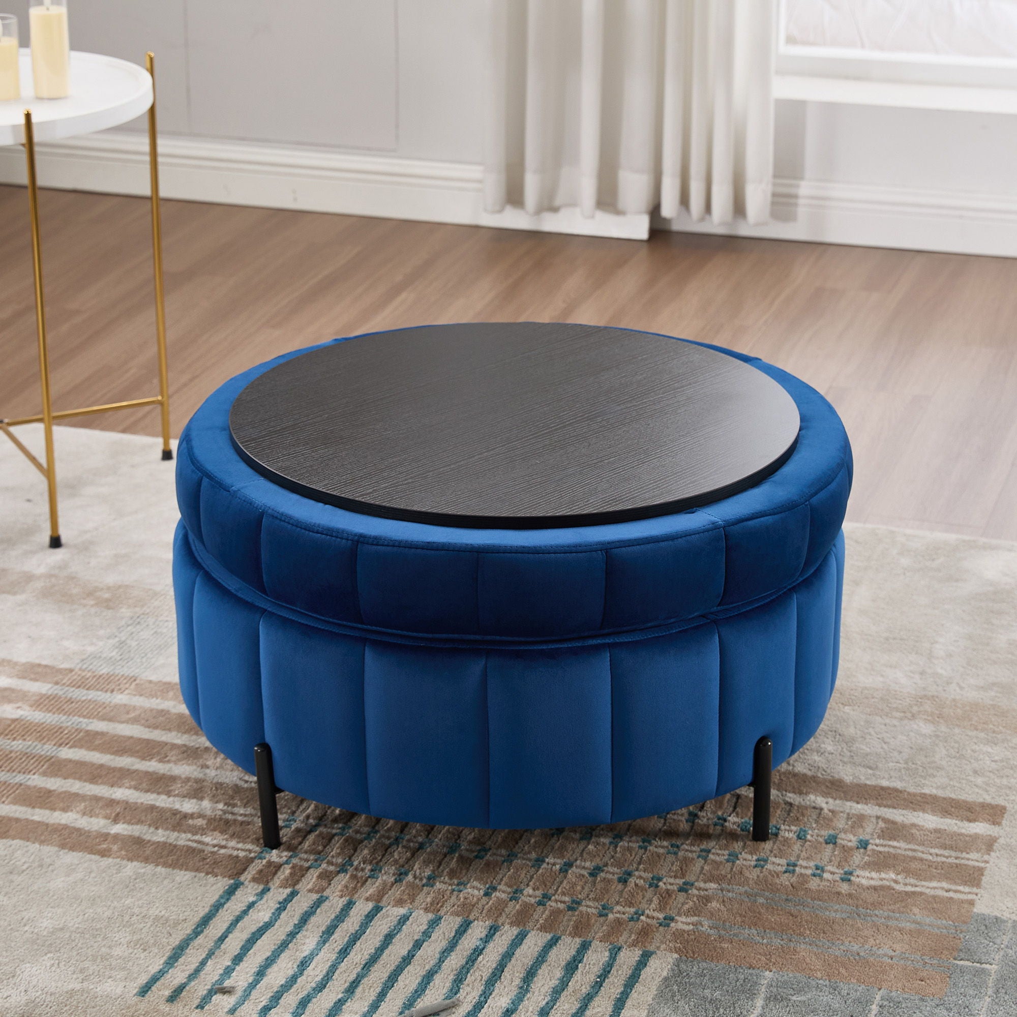 Upholstered Round Ottoman With Reversible Lid, Channel Tufted Pumpkin Shape