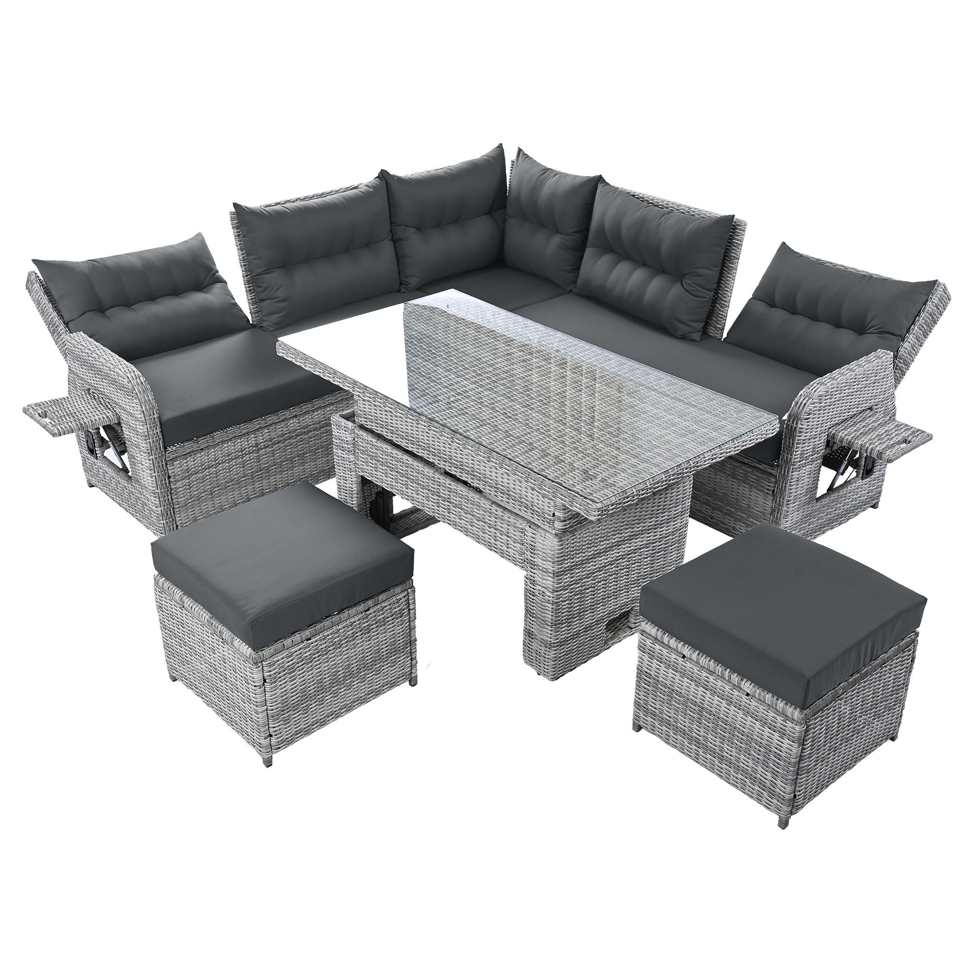 Outdoor Furniture Set Patio Rattan Furniture Set With Adjustable Table, Recliners With Extendable Side Tables And 2 Ottomans