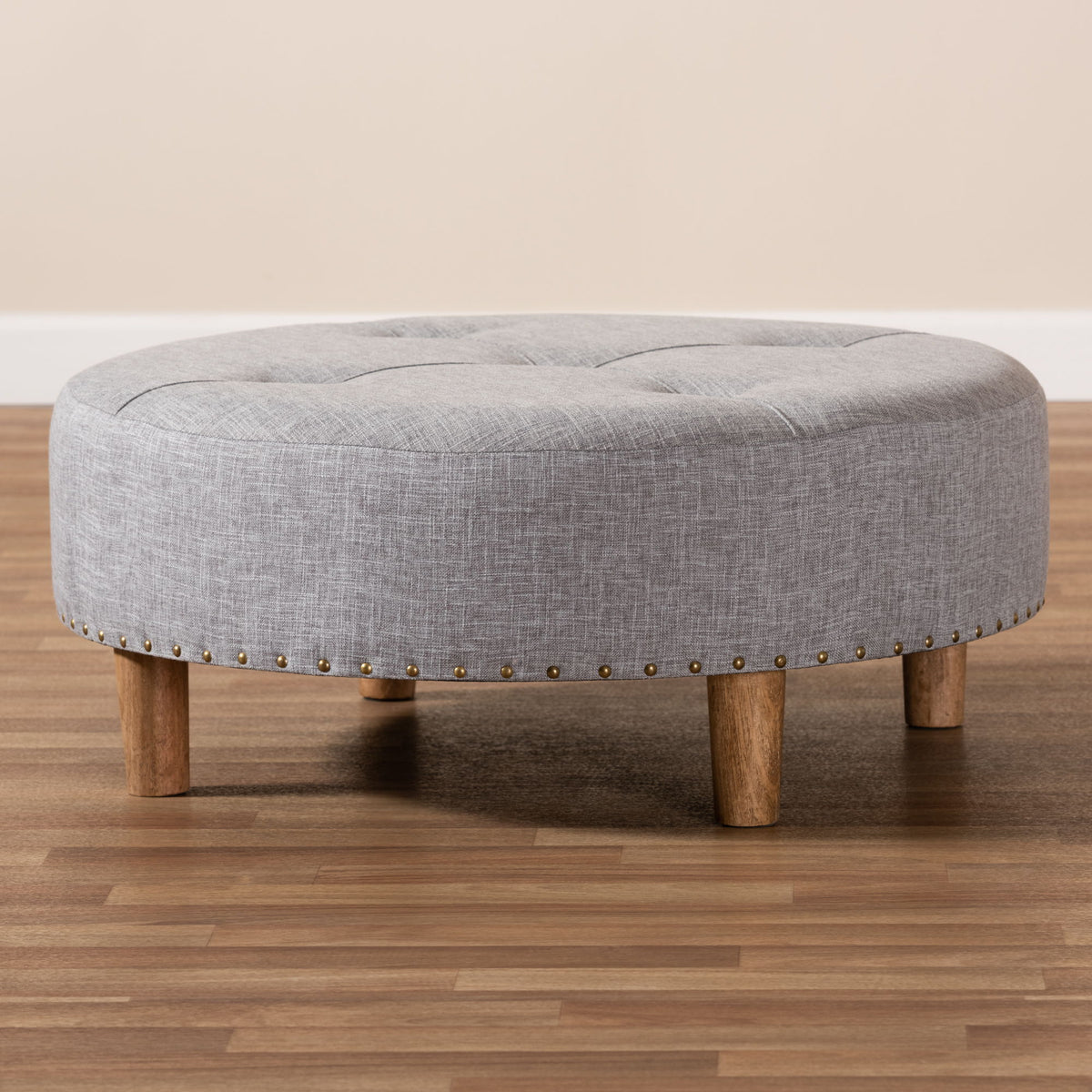 Vinet Modern and Contemporary Light Gray Fabric Upholstered Natural Wood Cocktail Ottoman