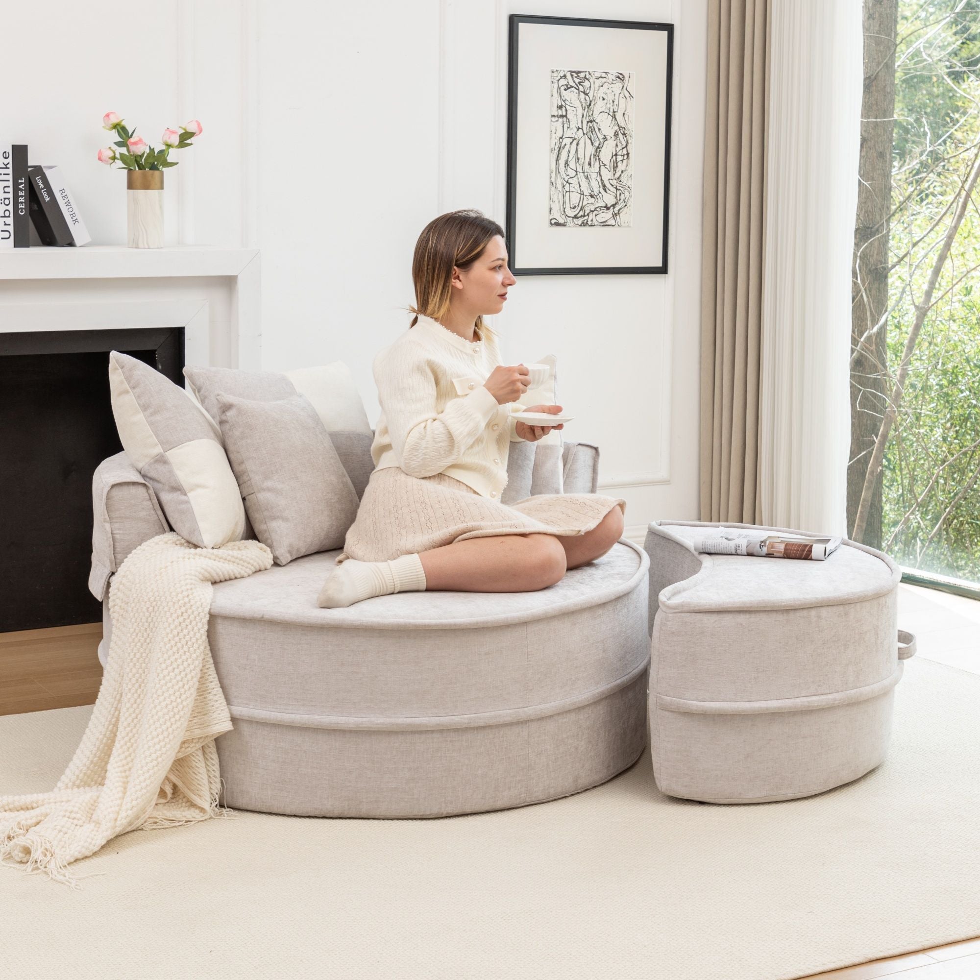 Modern Oversized Round Barrel Accent Chair With Ottoman