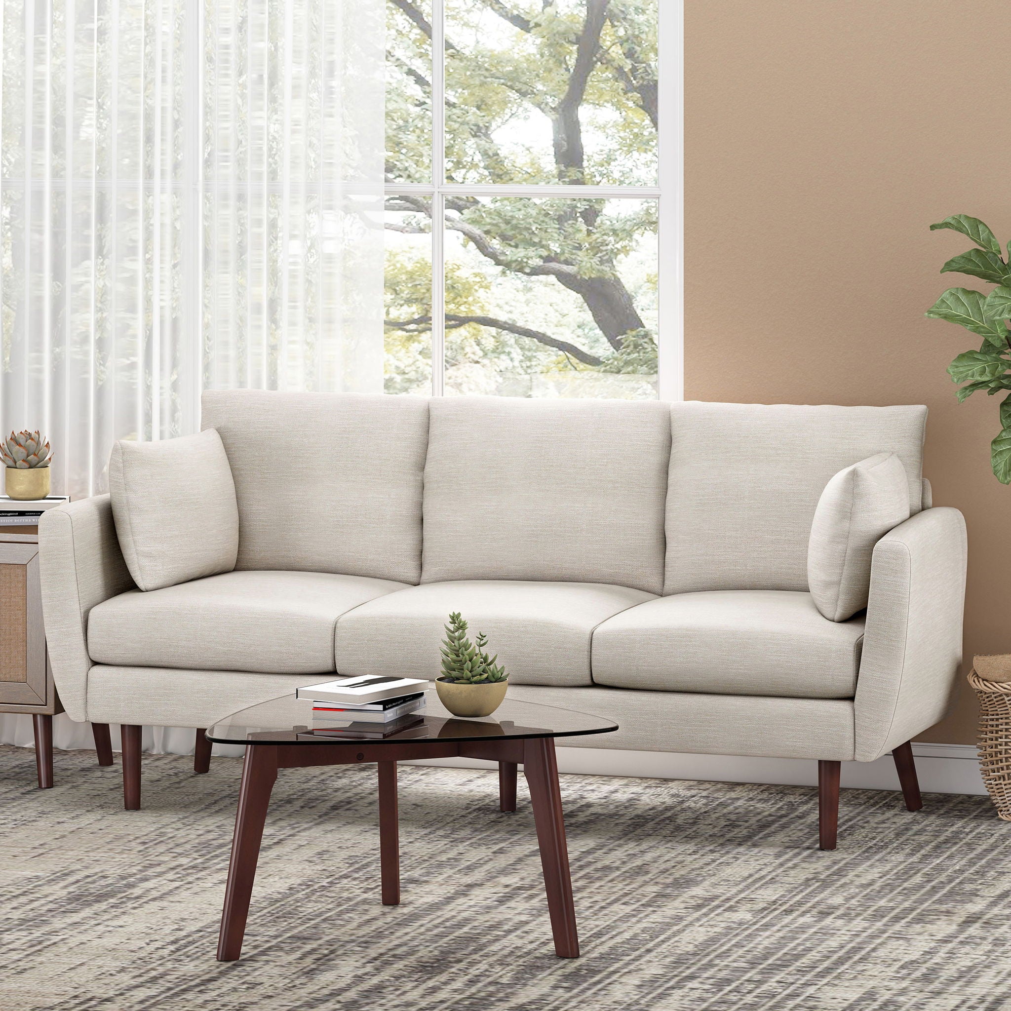Diaphanous - Upholstered 3 Seater Sofa With 2 Accent Pillows And Wood Legs