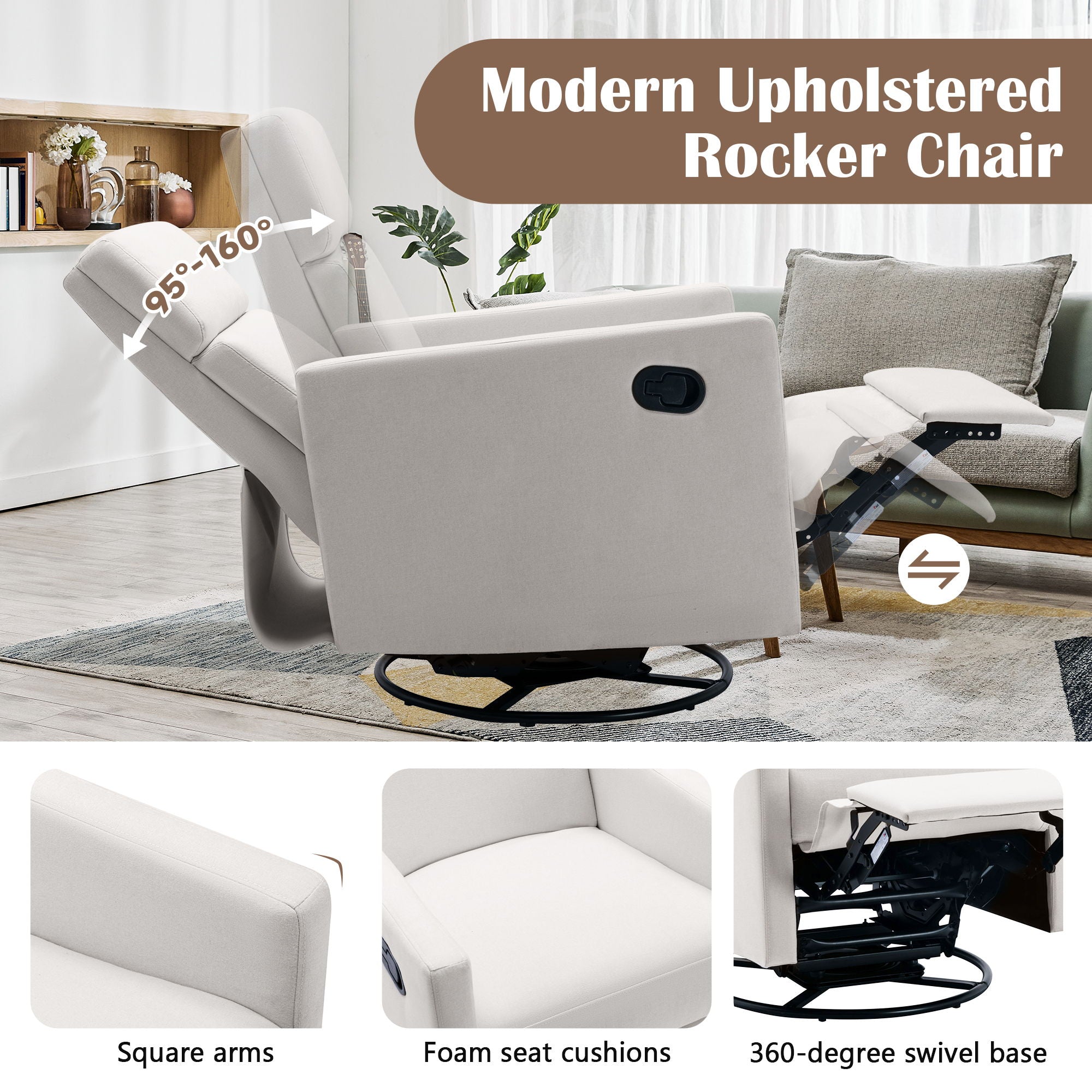 Modern Upholstered Rocker Nursery Chair Plush Seating Glider Swivel Recliner Chair