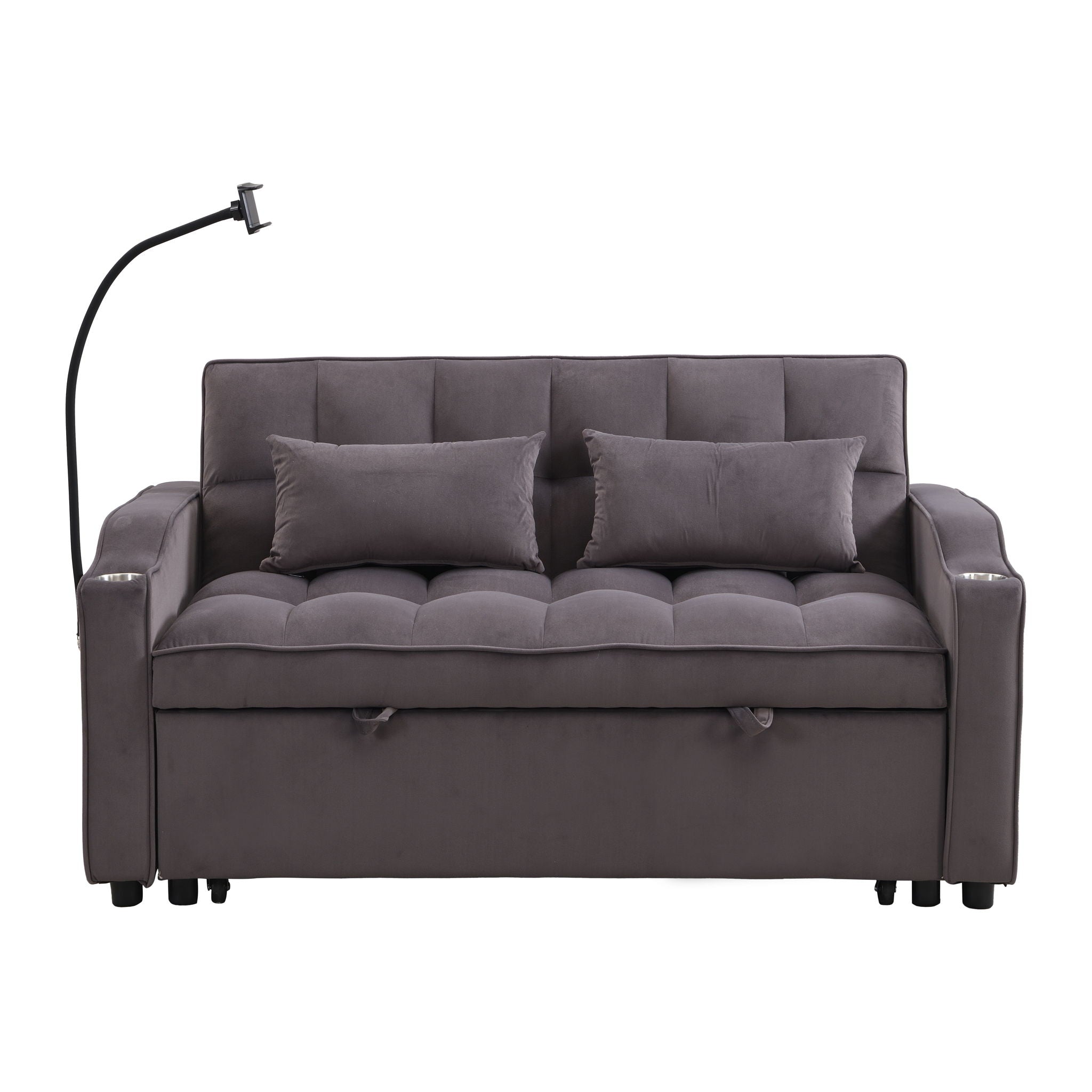 Modern Velvet Loveseat Futon Sofa With Pullout Bed, Adjustable Reclining Backrest, Toss Pillows
