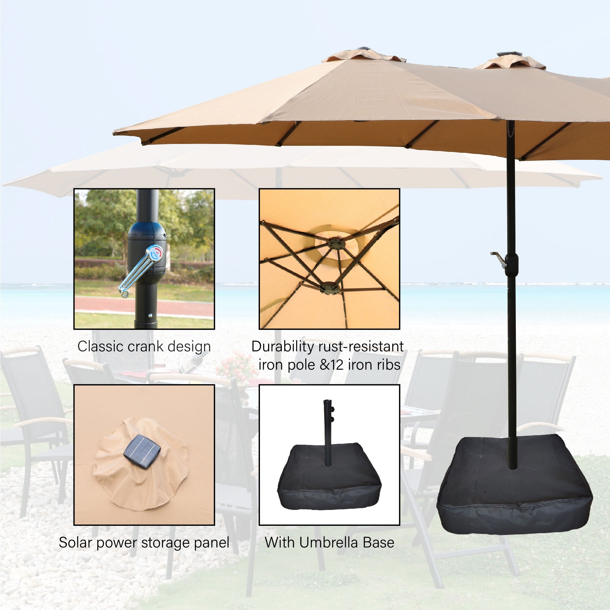 Double- Sided Outdoor Market Umbrella With Lights And Base