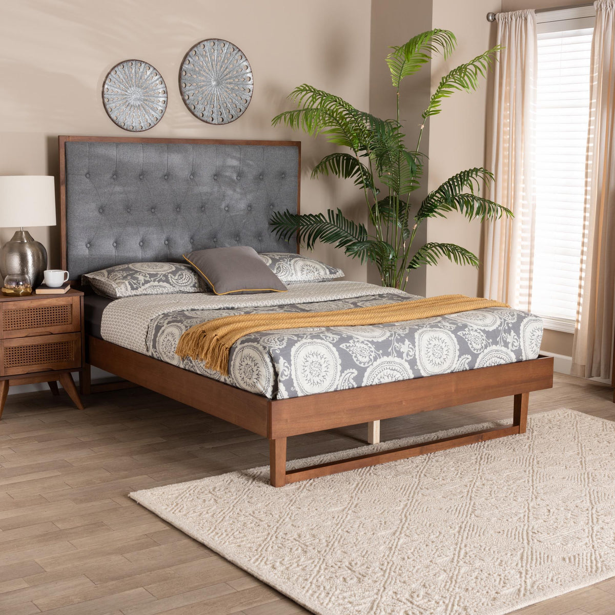 Bryn Classic and Traditional Grey Fabric and Walnut Brown Finished Wood King Size Platform Bed