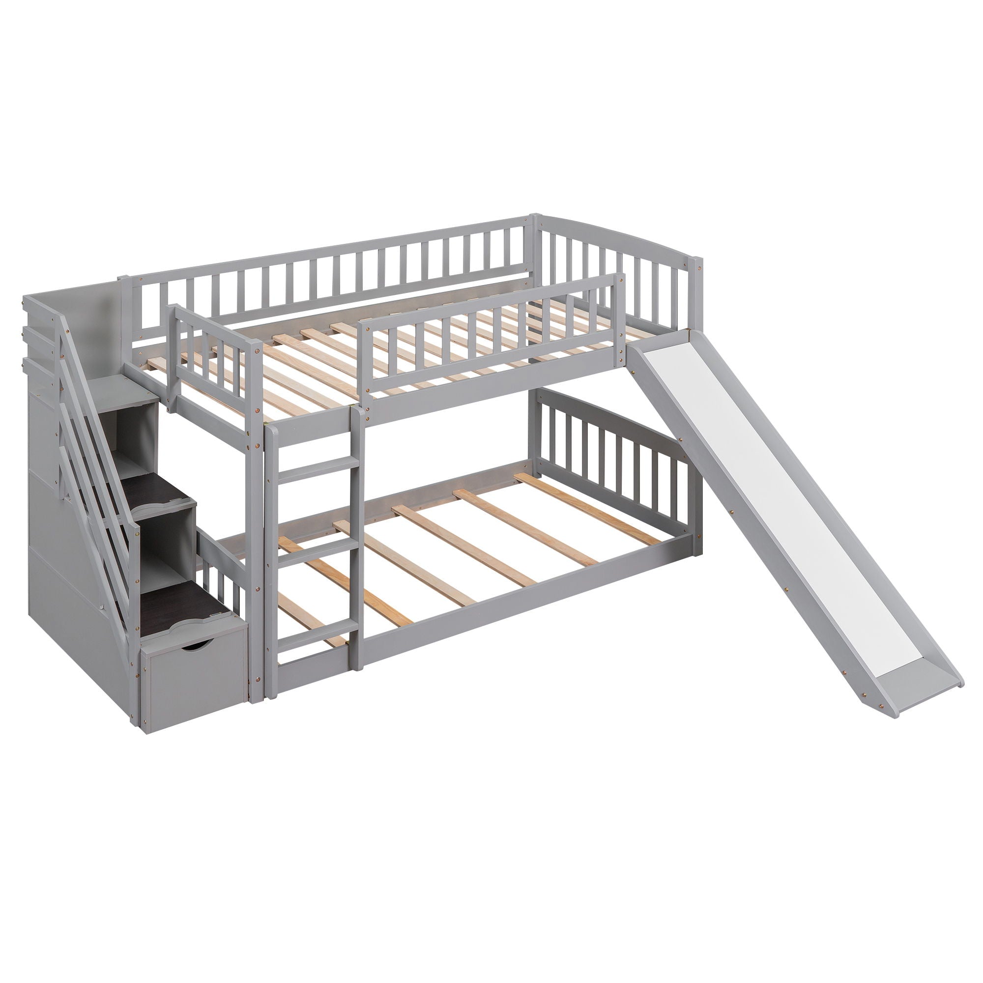 Twin Over Twin Bunk Stairway Bed With 2 Drawers And Slide - Gray