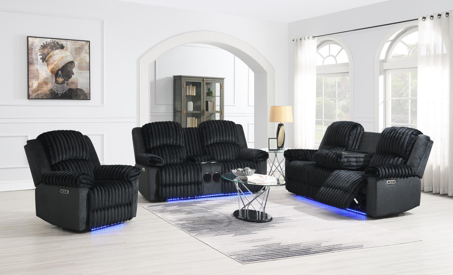 U161 - Corduroy Power LED Reclining Sofa - Black