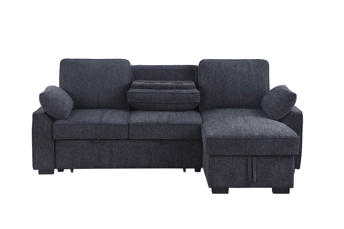 Mackenzie 91"W Charcoal Chenille Fabric Reversible Sleeper Sectional with Storage Chaise, Drop-Down Table, Cup Holders and Charging Ports