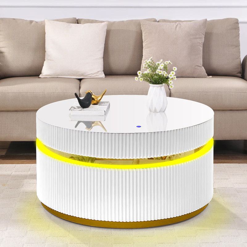 Tavita 39" Round White Coffee Table with Glass Top and LED Lights