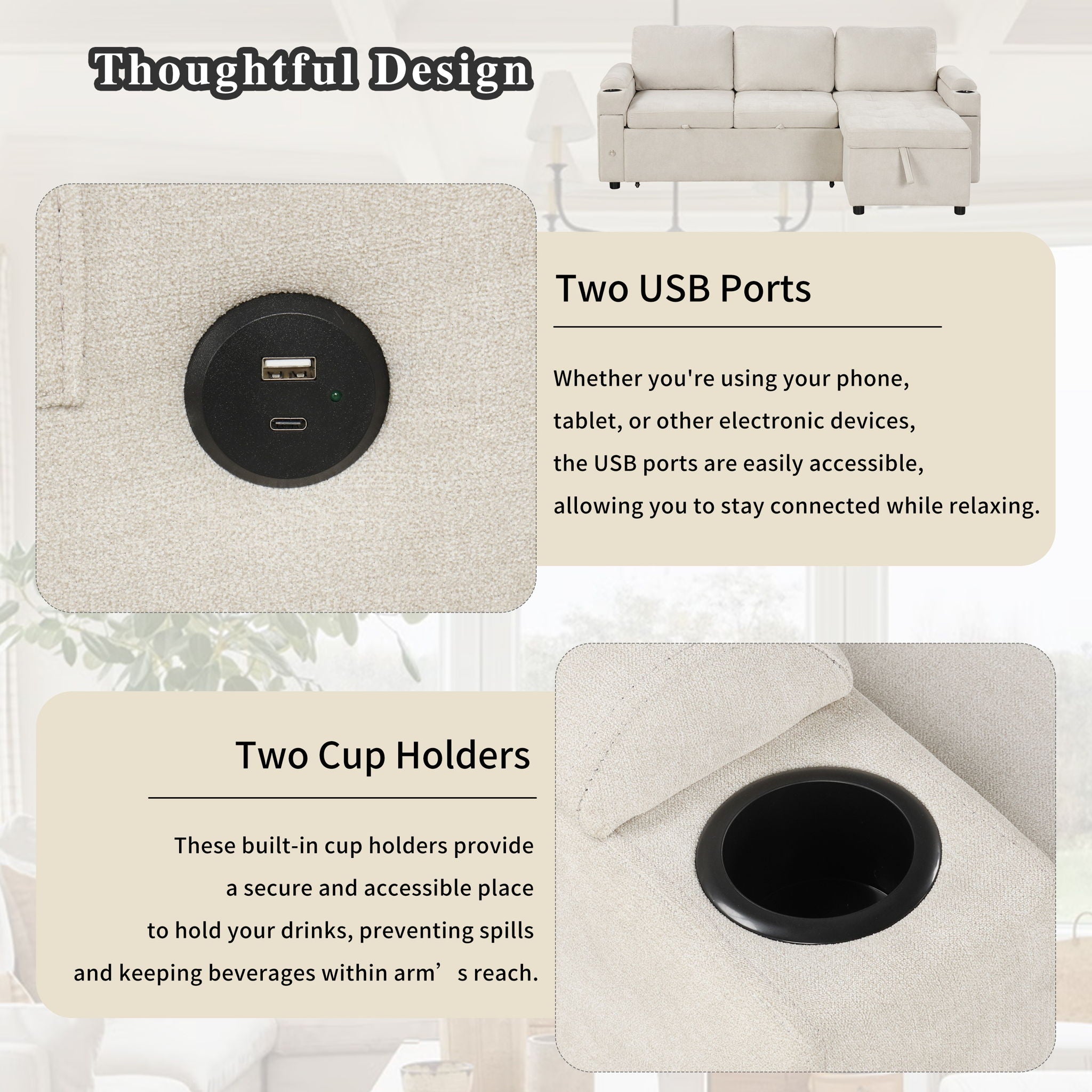 Convertible L Shaped Sofa Couch With Storage, Cup Holders, USB Ports