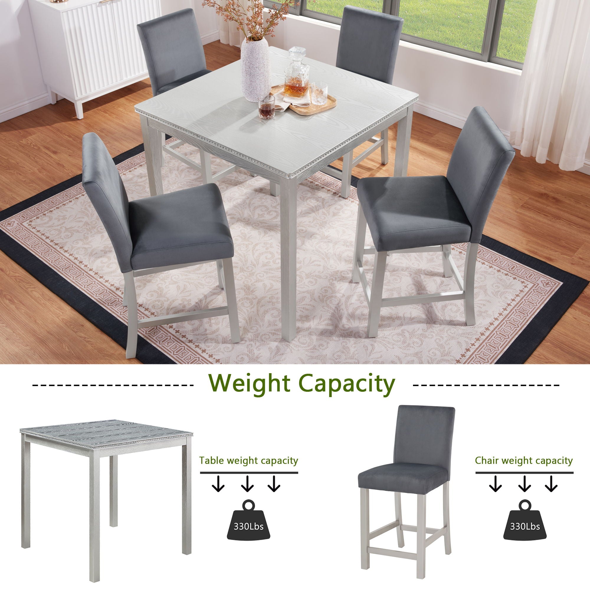 5 Pieces Counter Height Table Set, Kitchen Table With Square Table And 4 Upholstered Chairs