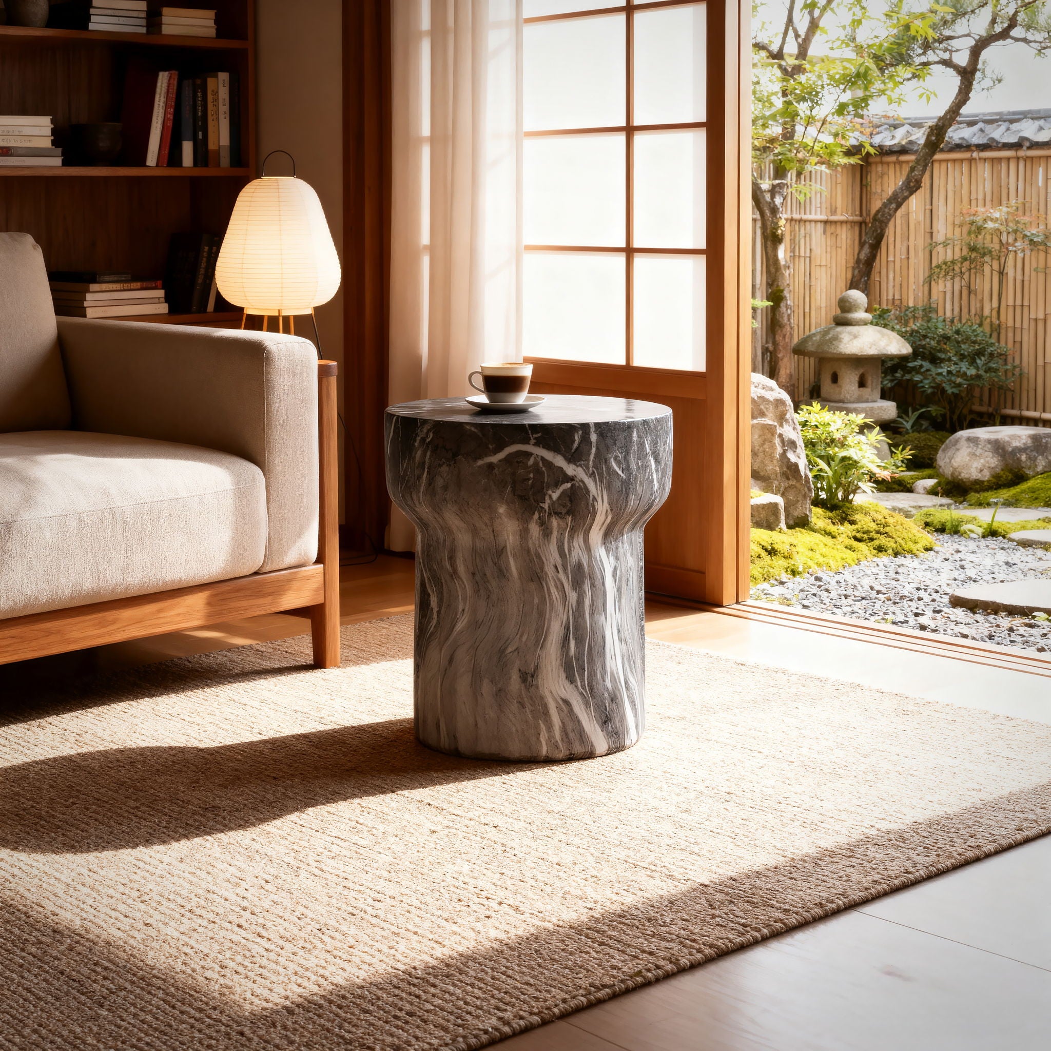 Round Geometric Outdoor End Table - Marble