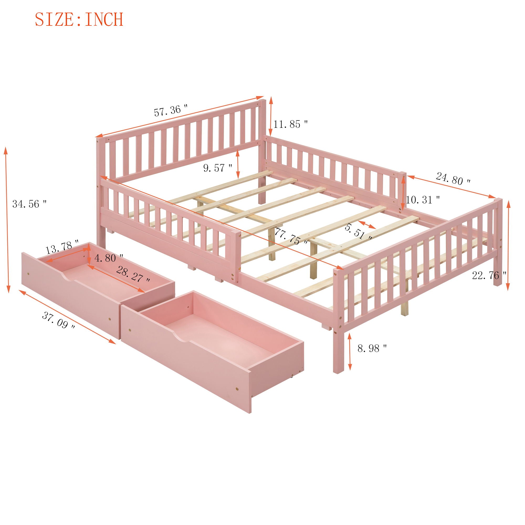 Platform Bed With Guardrails On Both Sides And 2 Storage Drawers
