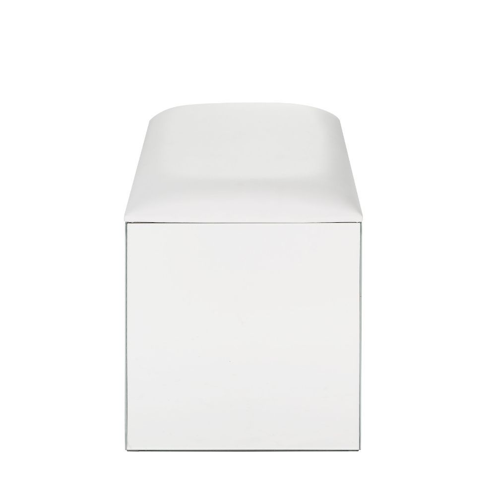 ACME Nysa - Vanity Stool - Ivory PU, Mirrored & Faux Crystals | Meri Furniture