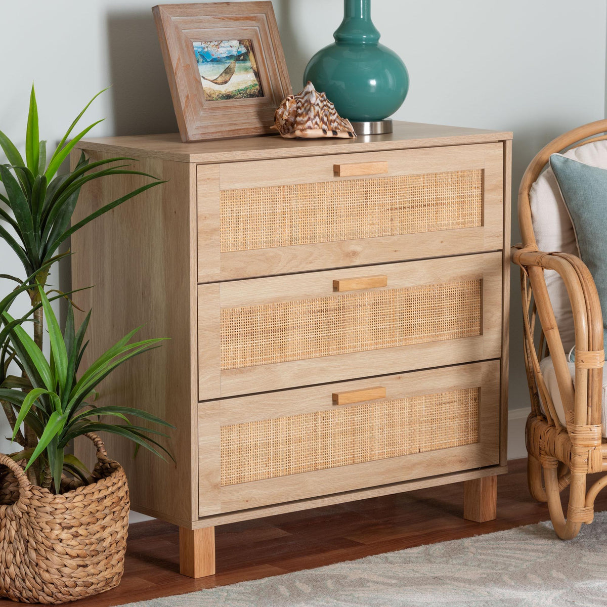 Sebille Mid-Century Modern Light Brown Finished Wood 3-Drawer Storage Cabinet with Natural Rattan