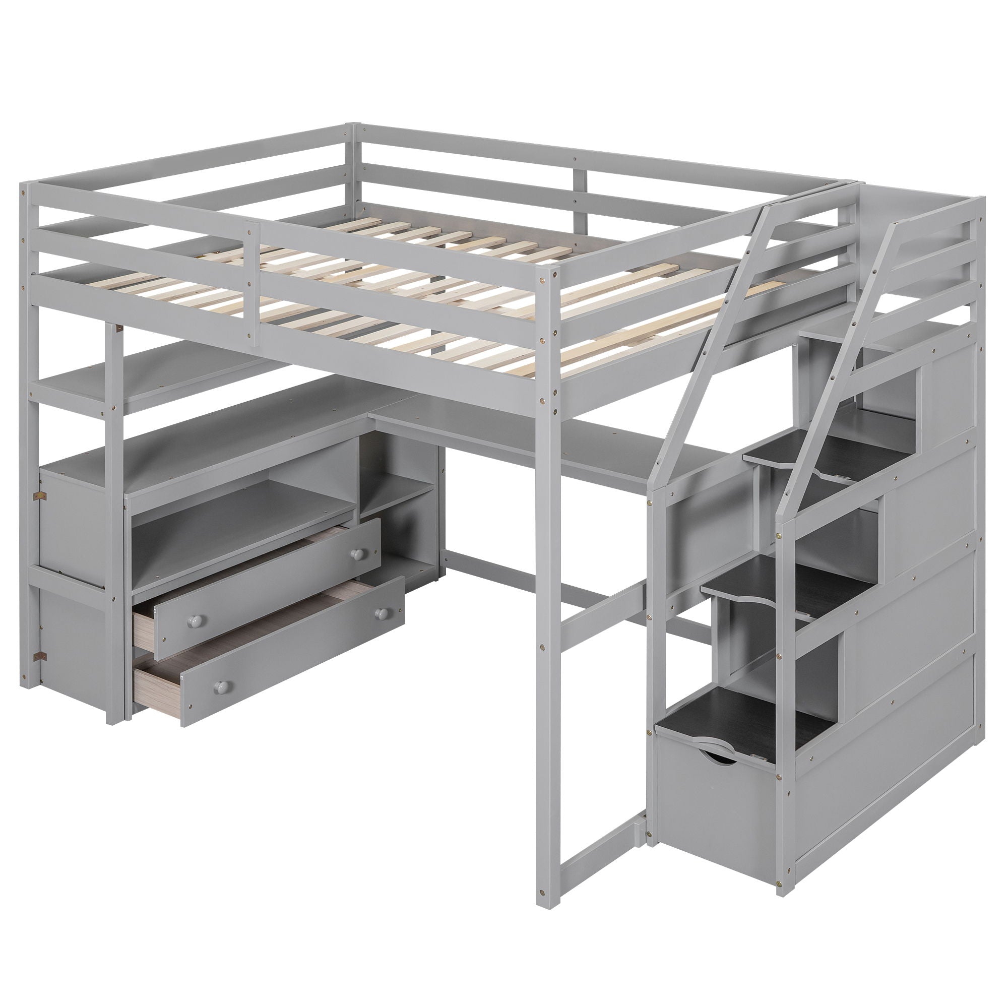 Loft Bed With Desk, Shelves, 2 Drawers, Storage Staircase