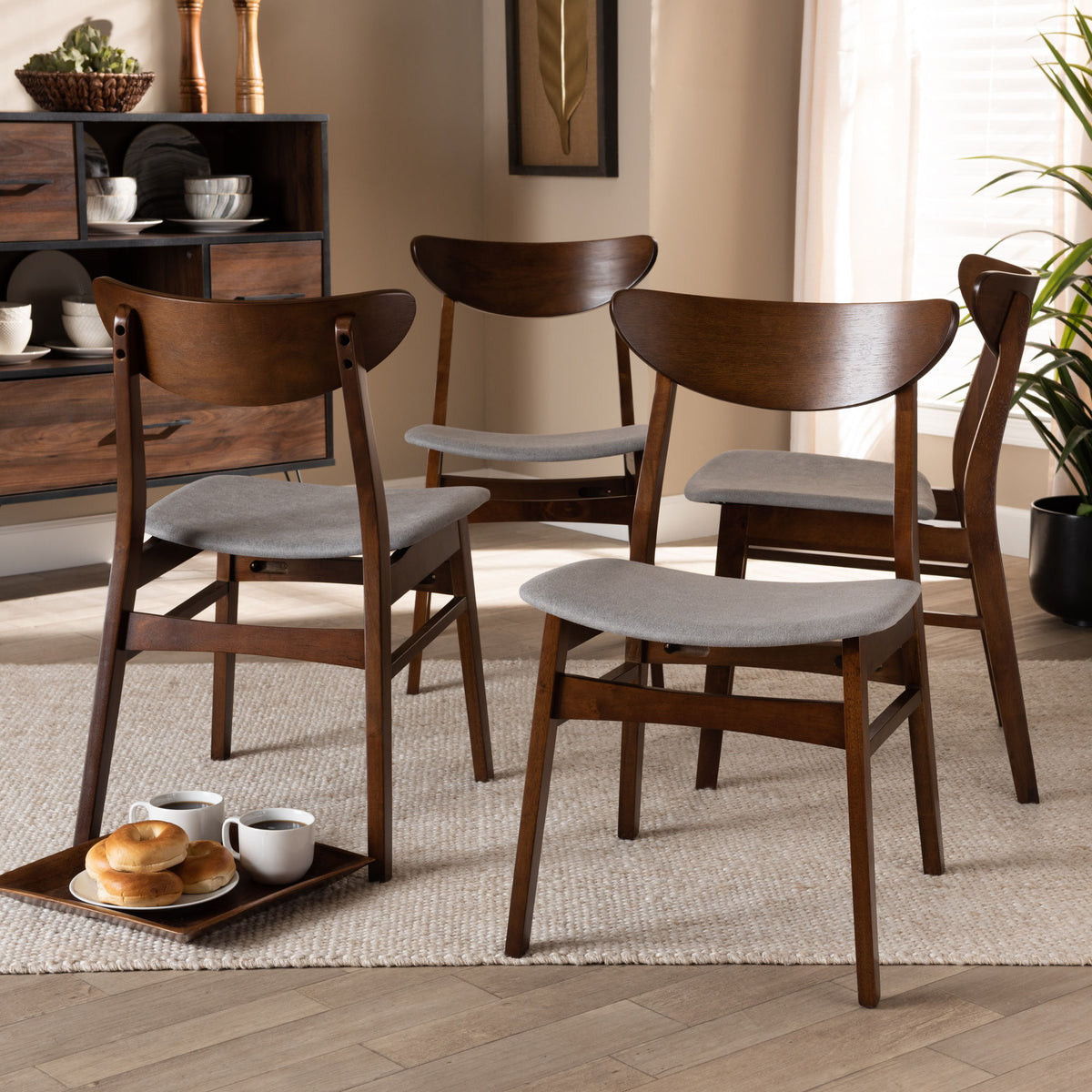 Parlin Mid-Century Modern Transitional Light Grey Fabric Upholstered and Walnut Brown Finished Wood 4-Piece Dining Chair Set