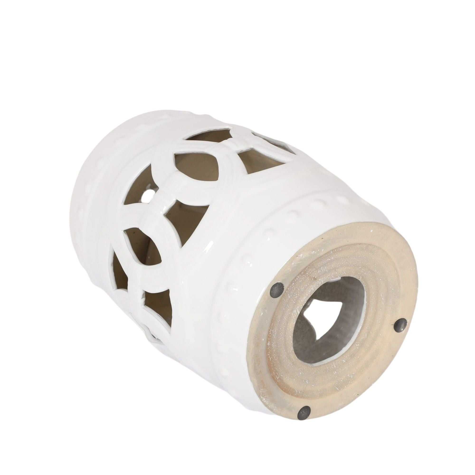 Elegant Glazed Ceramic Drum Stool Indoor / Outdoor Side Table Accent Garden Stool - White