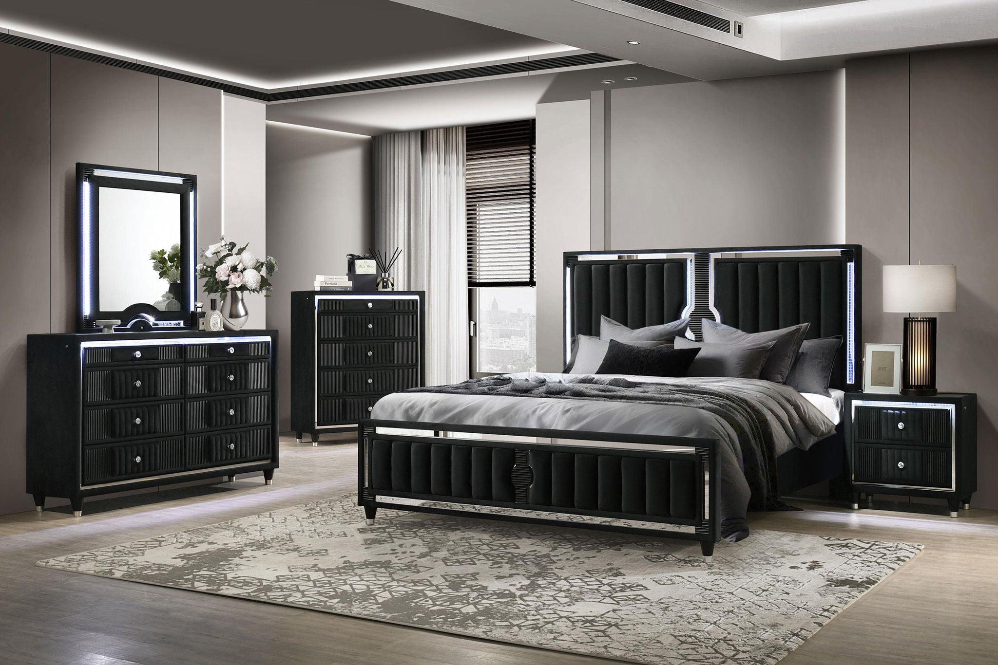 Ravenne 8-drawer Velvet Upholstered LED Dresser Cabinet Black