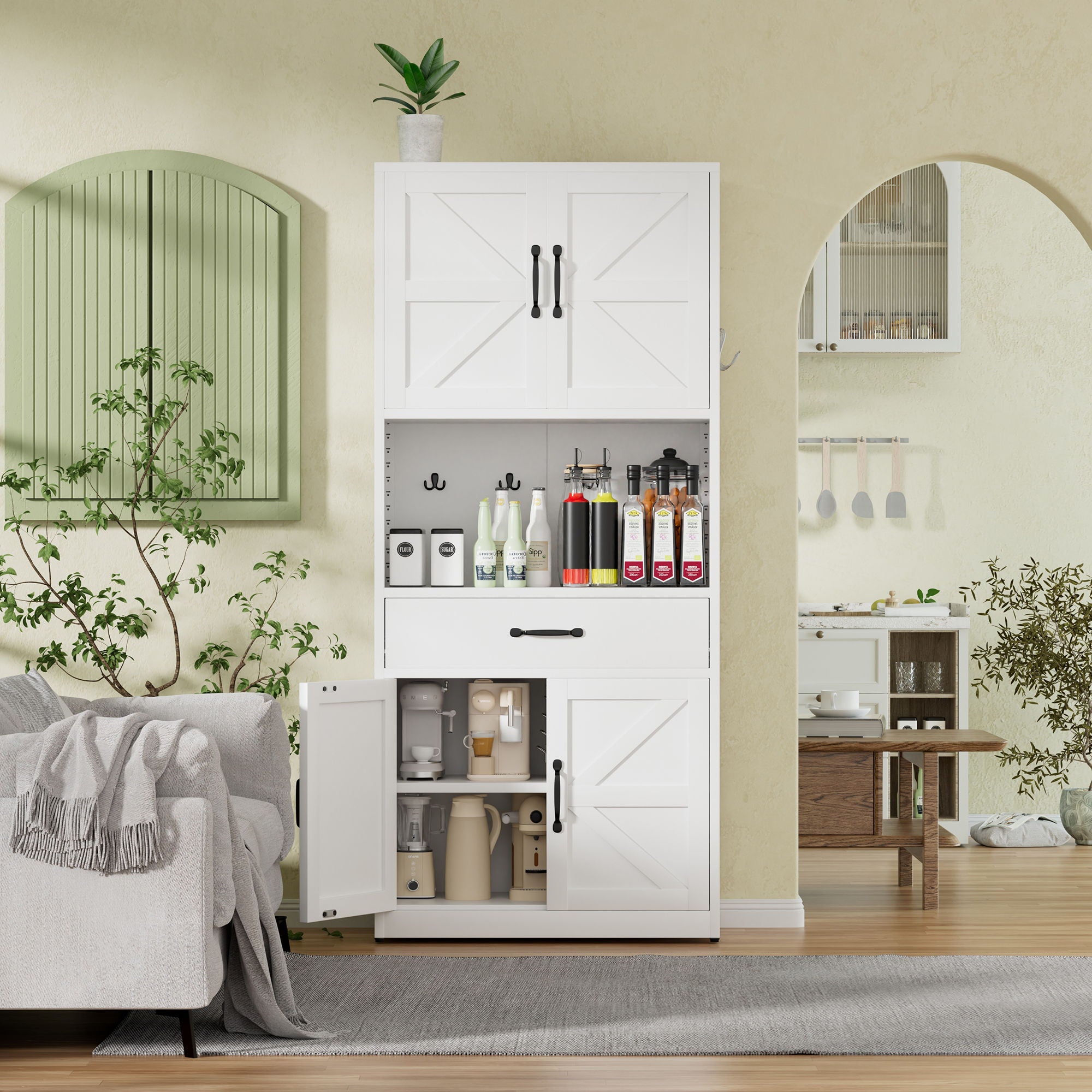 Kitchen Pantry Cabinet With Adjustable Shelves, Drawers, Hooks And Large Countertop - White
