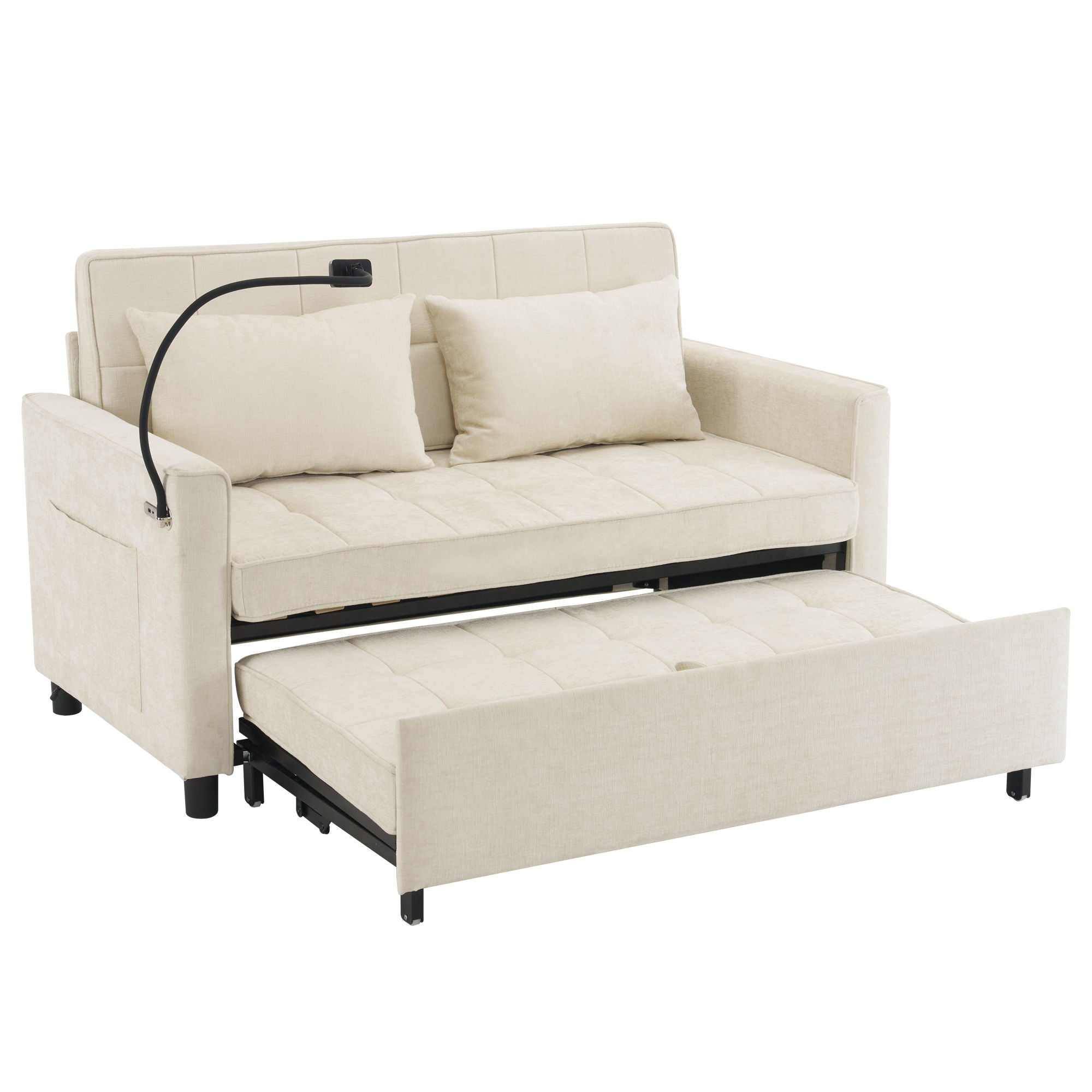 Pull-Out Sleeper Sofa With Reversible Backrest Cushion, Side Pockets, 2 USB Ports And A Phone Holder For Living Room
