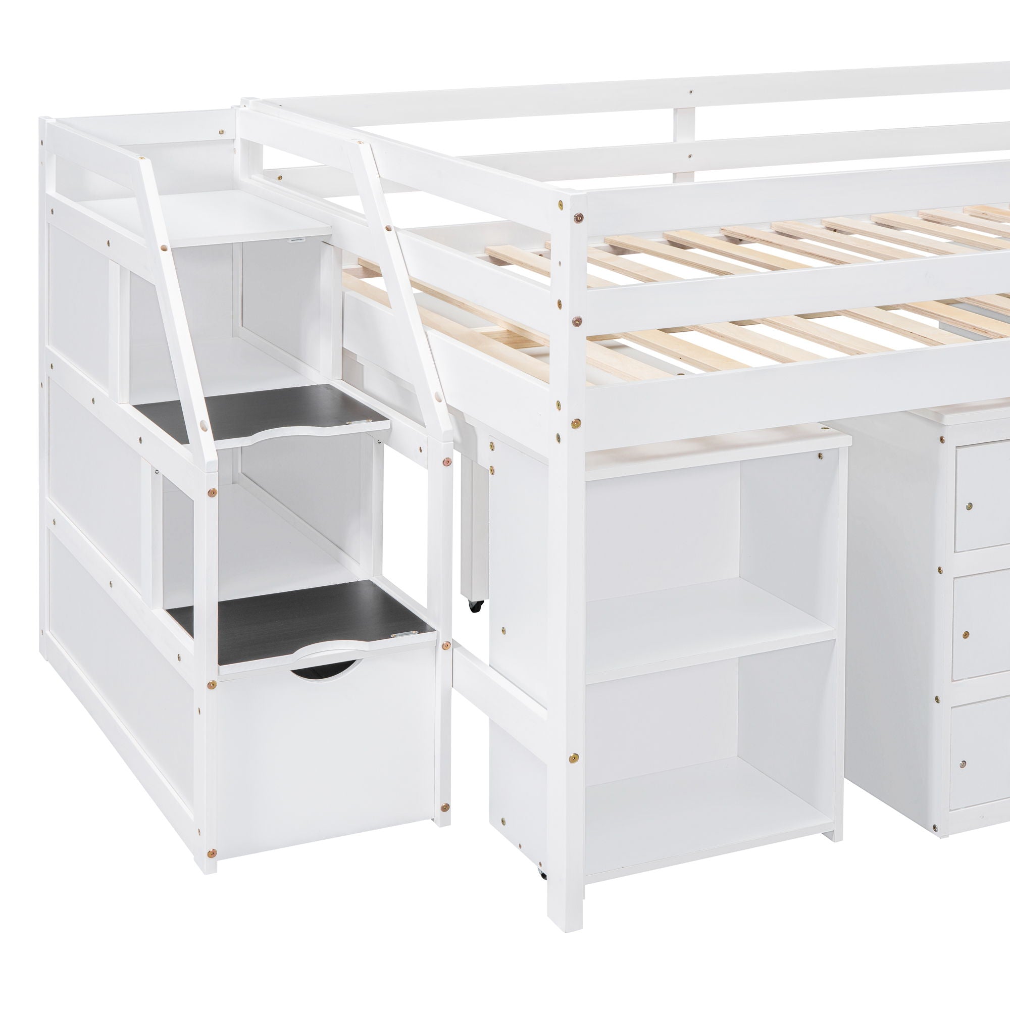 Loft Bed With Retractable Writing Desk And 3 Drawers With Storage Stairs And Shelves