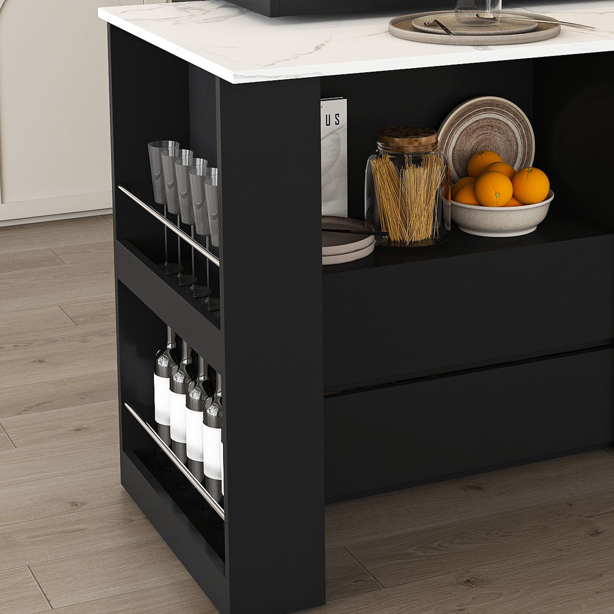 Kitchen Island With Extendable Rotating Table, 4 Drawers & Glass Door Cabinets, Built In Socket - Black