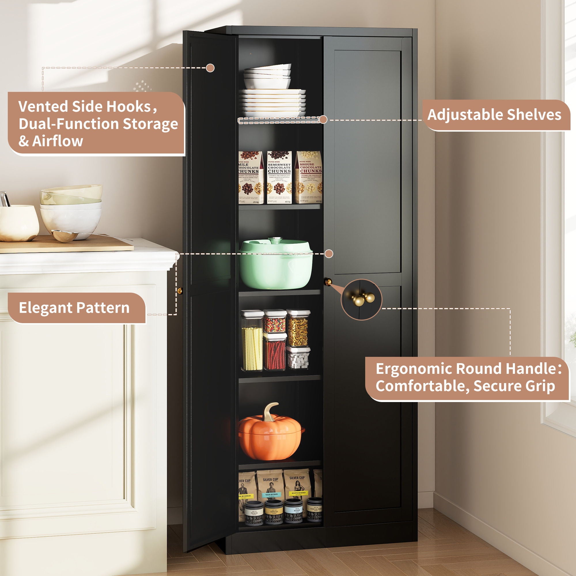 Kitchen Pantry Cabinet With 4 Adjustable Shelves, Heavy Duty Freestanding Organizer