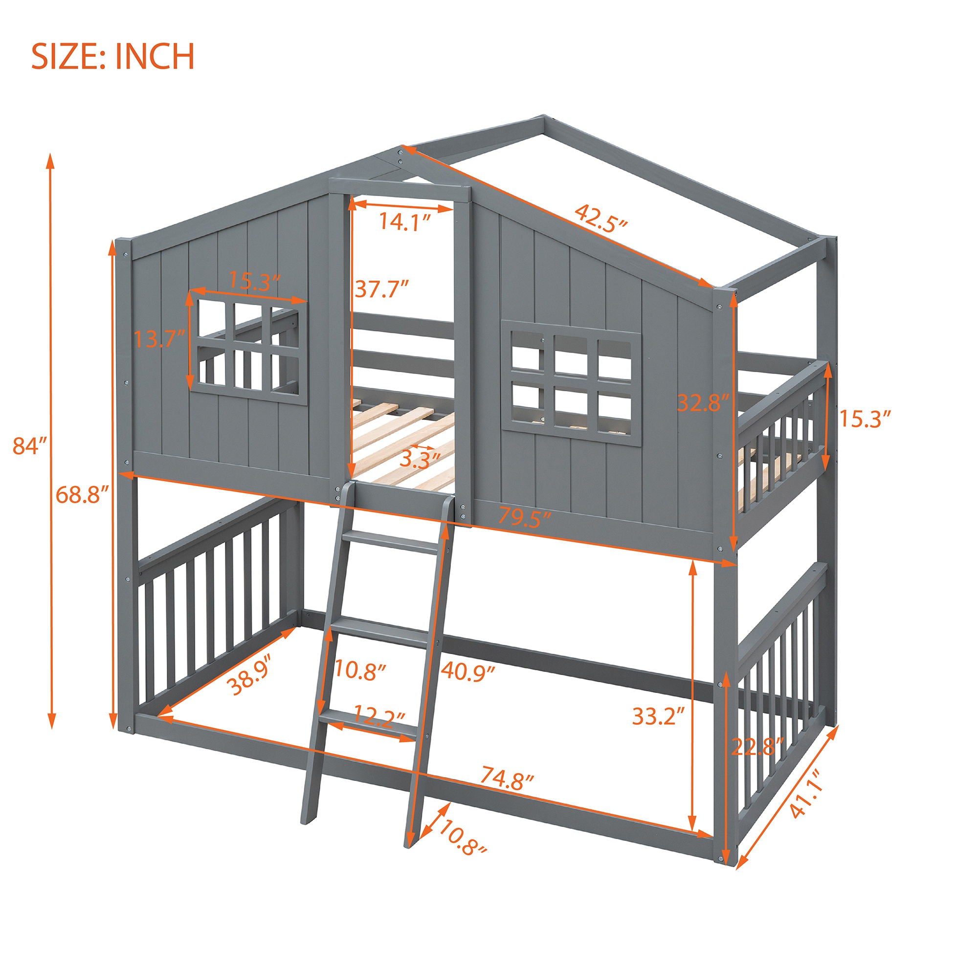 House Bunk Bed With Ladder, Wood Bed