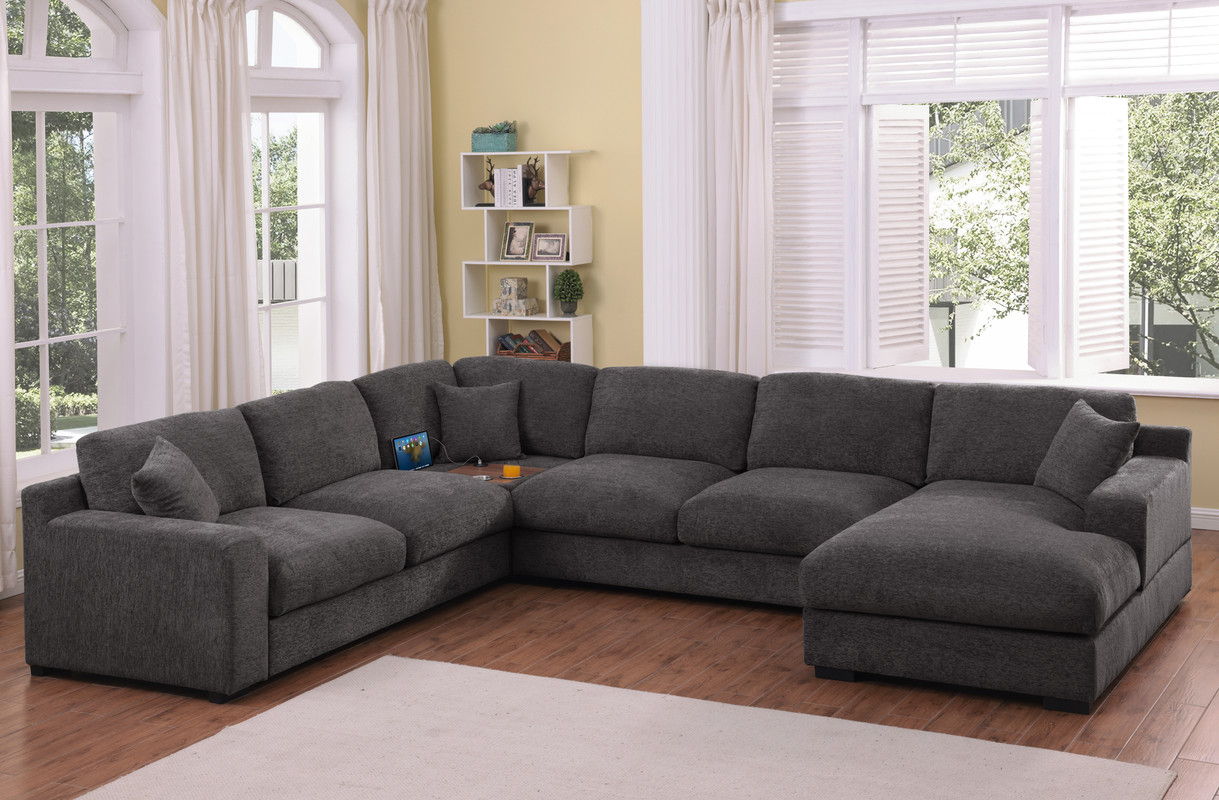 Celine 128"W Gray Chenille Fabric Corner Sectional Sofa with Right-Facing Chaise, Cupholders, and Charging Ports