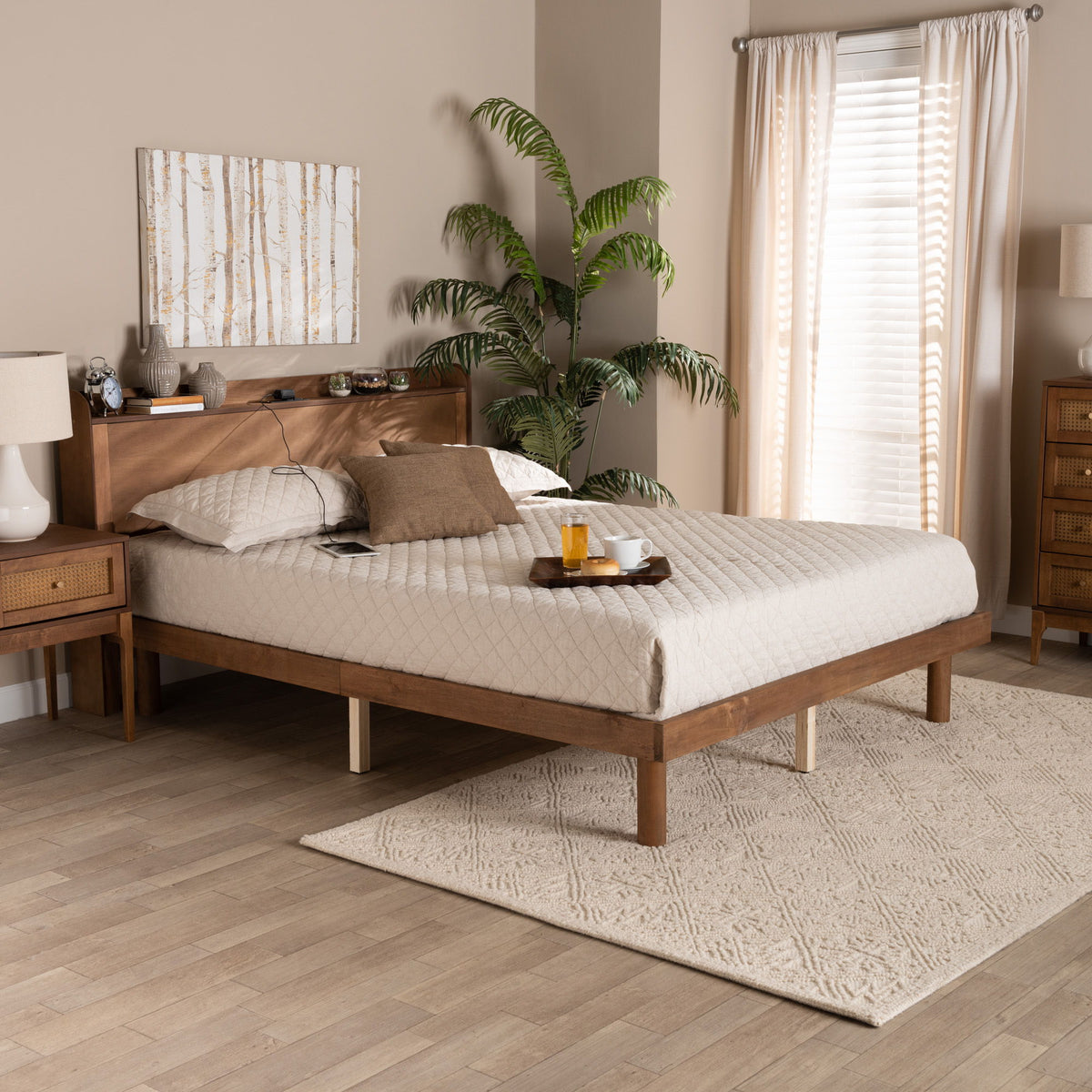 Decker Mid-Century Modern Transitional Walnut Brown Finished Wood Full Size Platform Bed with Charging Station
