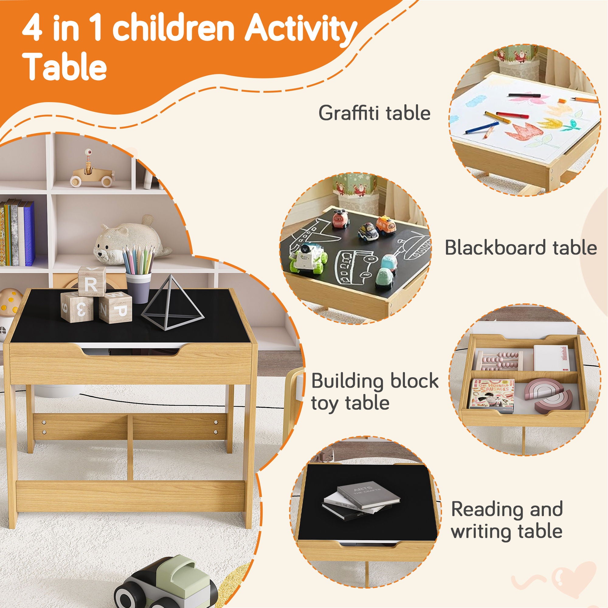 3 In 1 Kids Study Table & Chairs Set Multi Functional Activity Table With Detachable Blackboard Top - Natural Wood