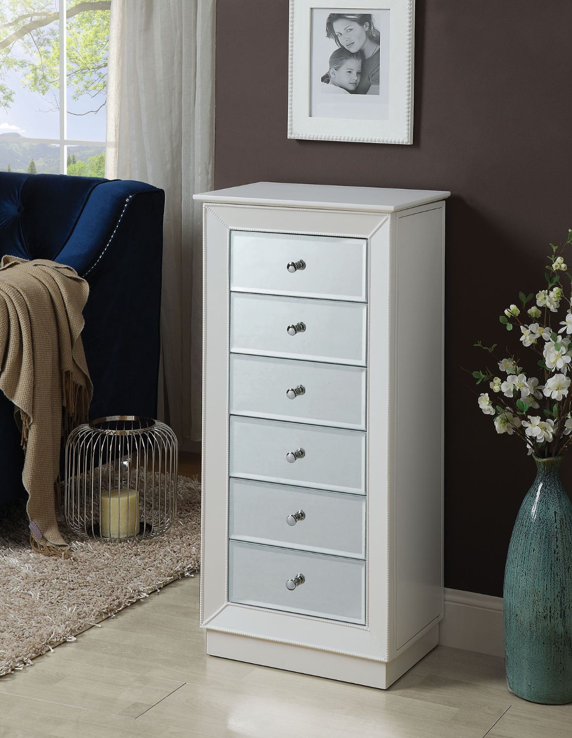 Assembled, 6 Drw • Top Lid w/Mirror & Jewelry Storage (Velvet Lined) • Side Doors w/Jewelry Storage (Hooks) • Cabinet (No Legs) • Drawer Front: Mirror • Drawer: GLIDE Side Wood, Felt-Lined Drawers ••• Anti-Tipping Strap Included