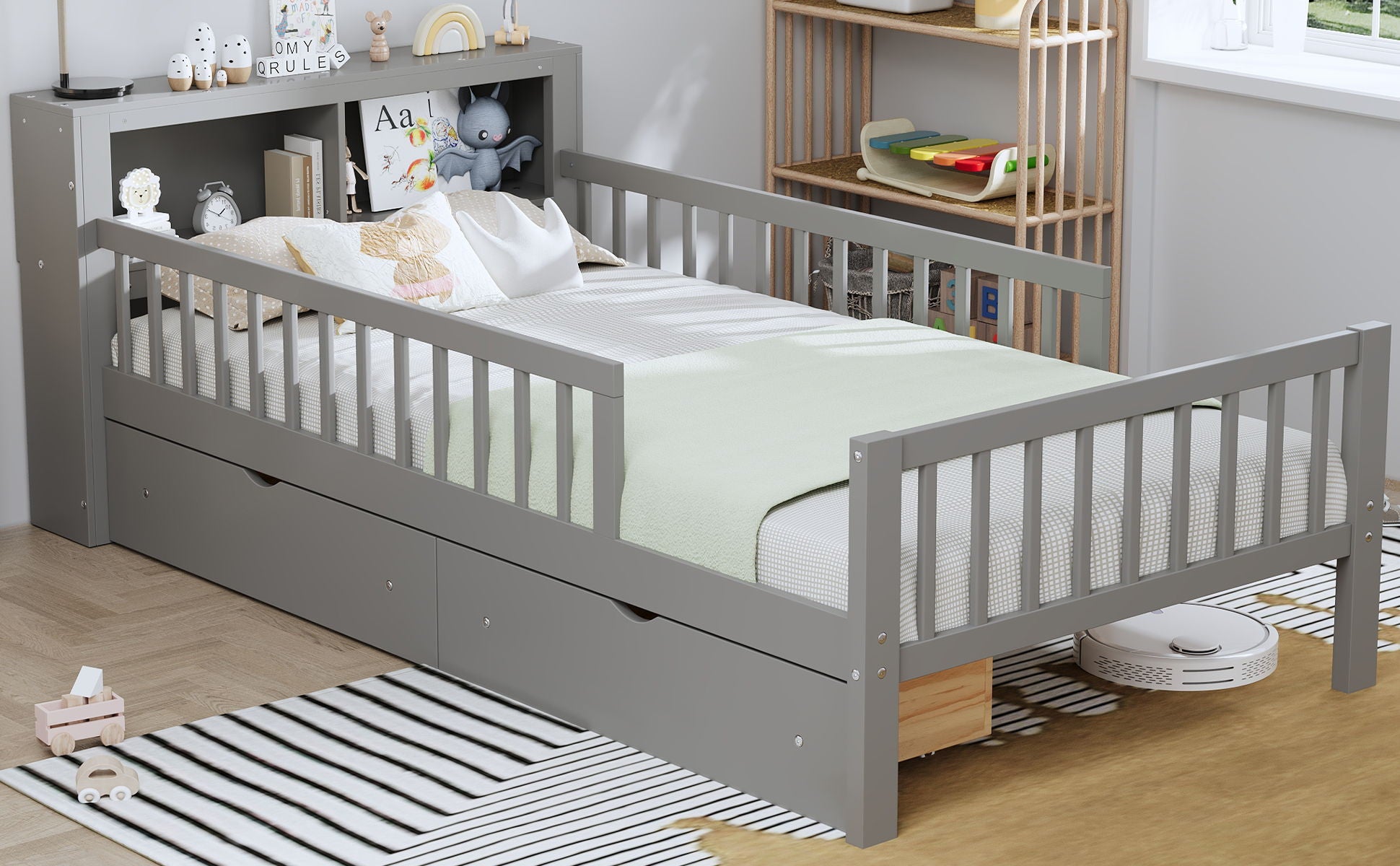 Bed With Headboard Storage Rack, 2 Under Bed Drawers, 3 Side Guardrails For Safety