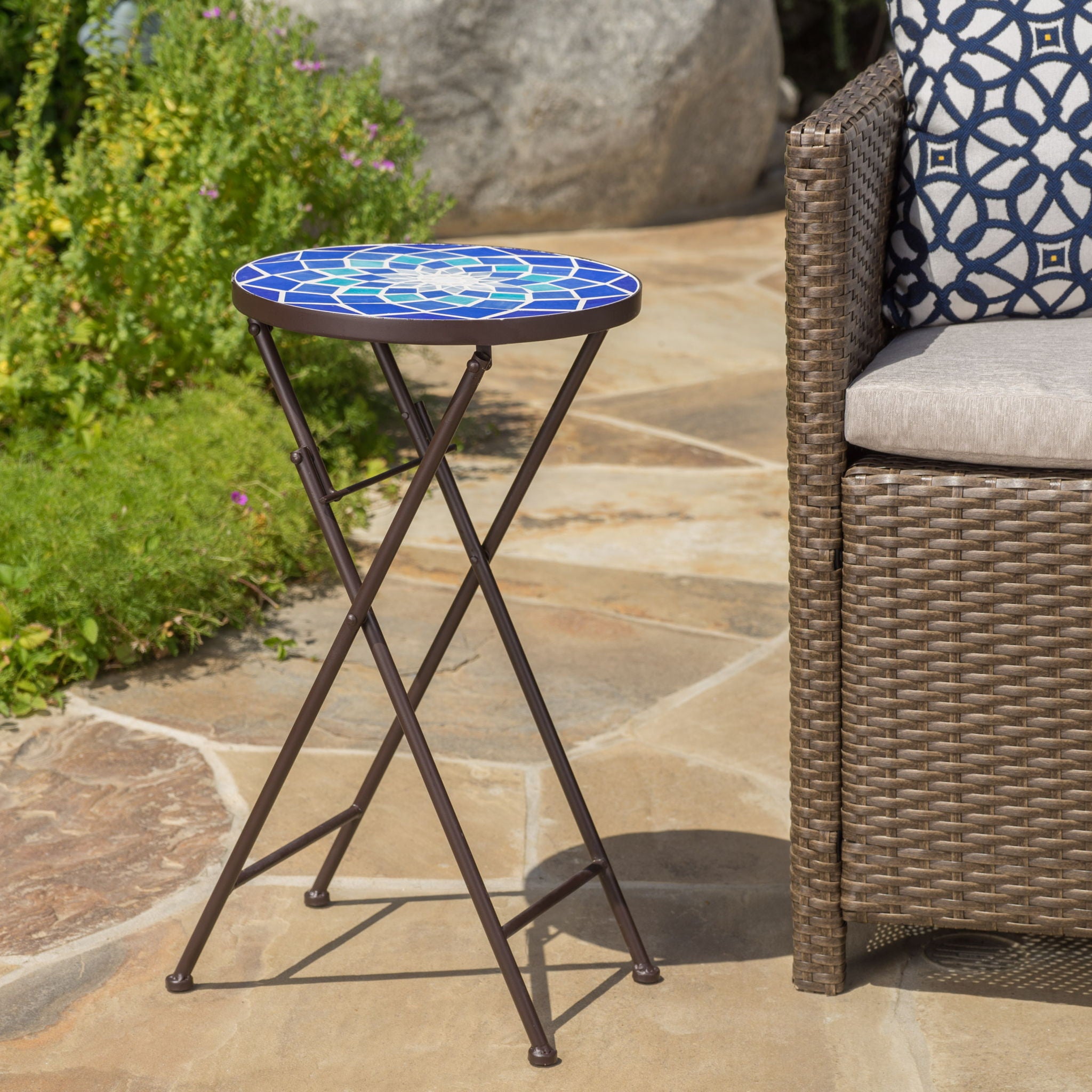 Outdoor Folding Accent Table With Glass Top And Iron Frame - White / Blue