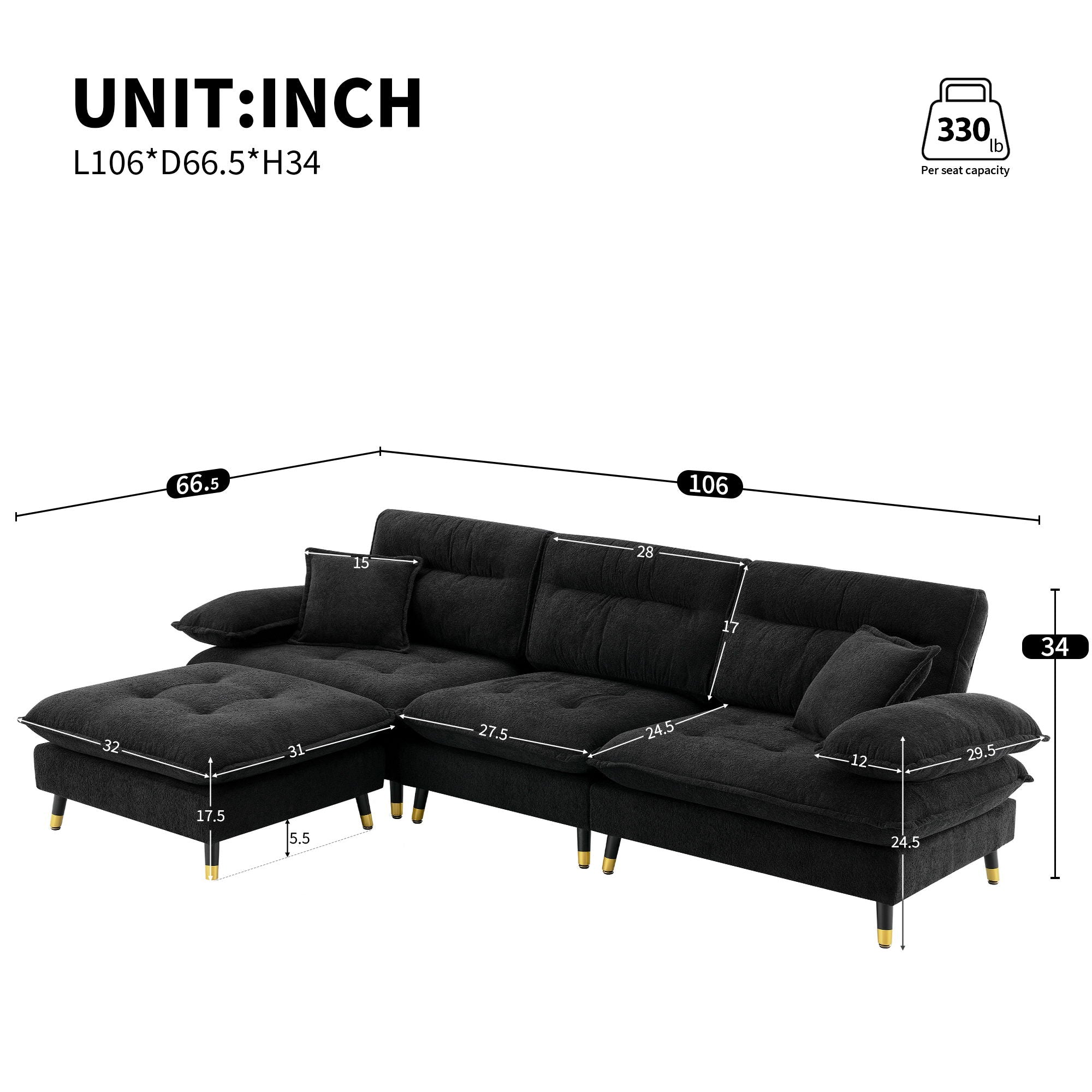 L Shaped Convertible Sectional Sofa 4 Seat Tufted Couch Set With Two Tone Adjust Legs Cloud Movable Ottoman