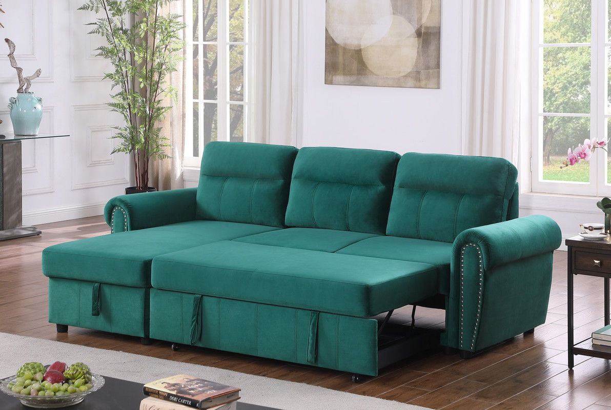 Ashton 96.5"W Green Velvet Fabric Reversible Sleeper Sectional Sofa Chaise