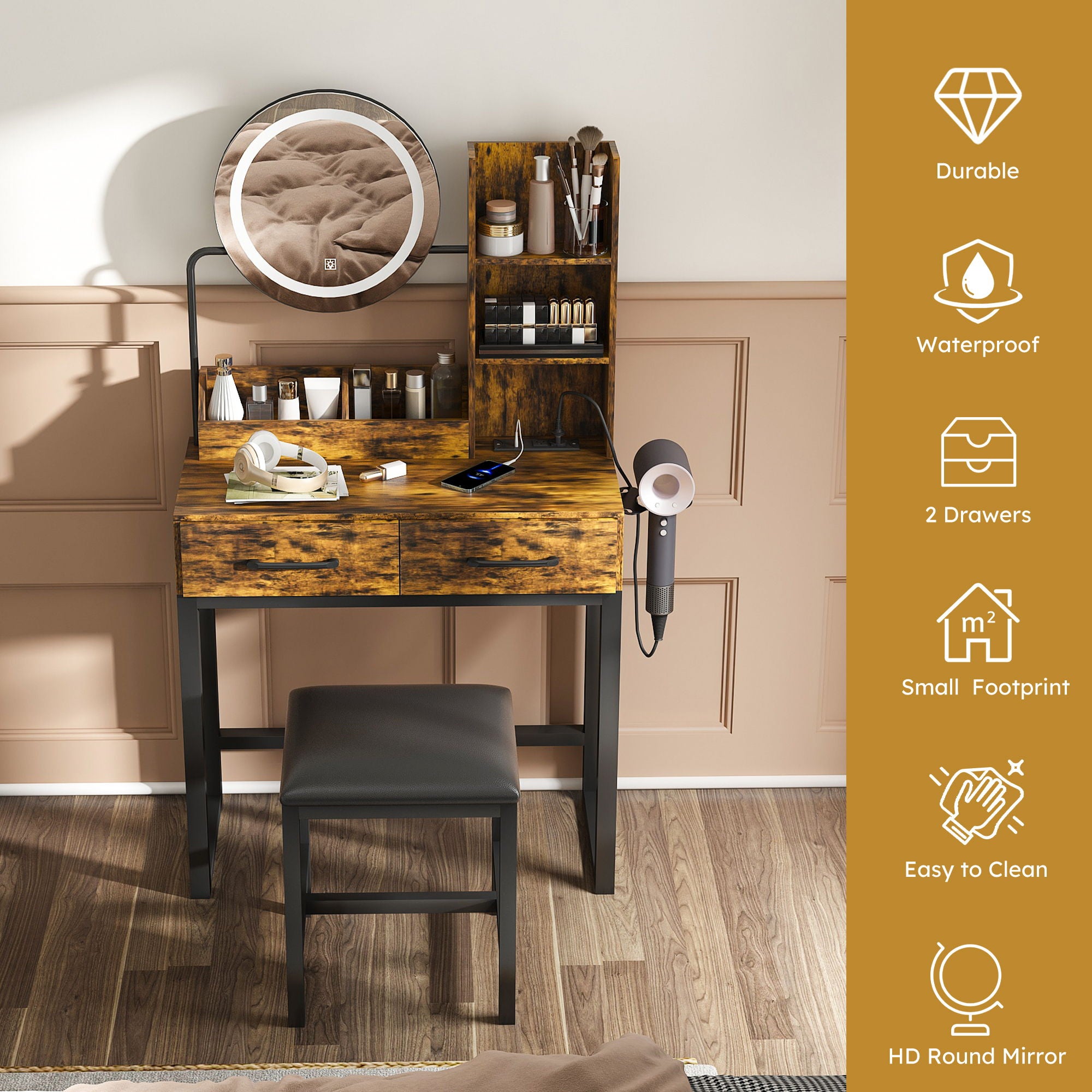 Makeup Vanity Table With LED Lights, 3 Color Options, Power Outlet