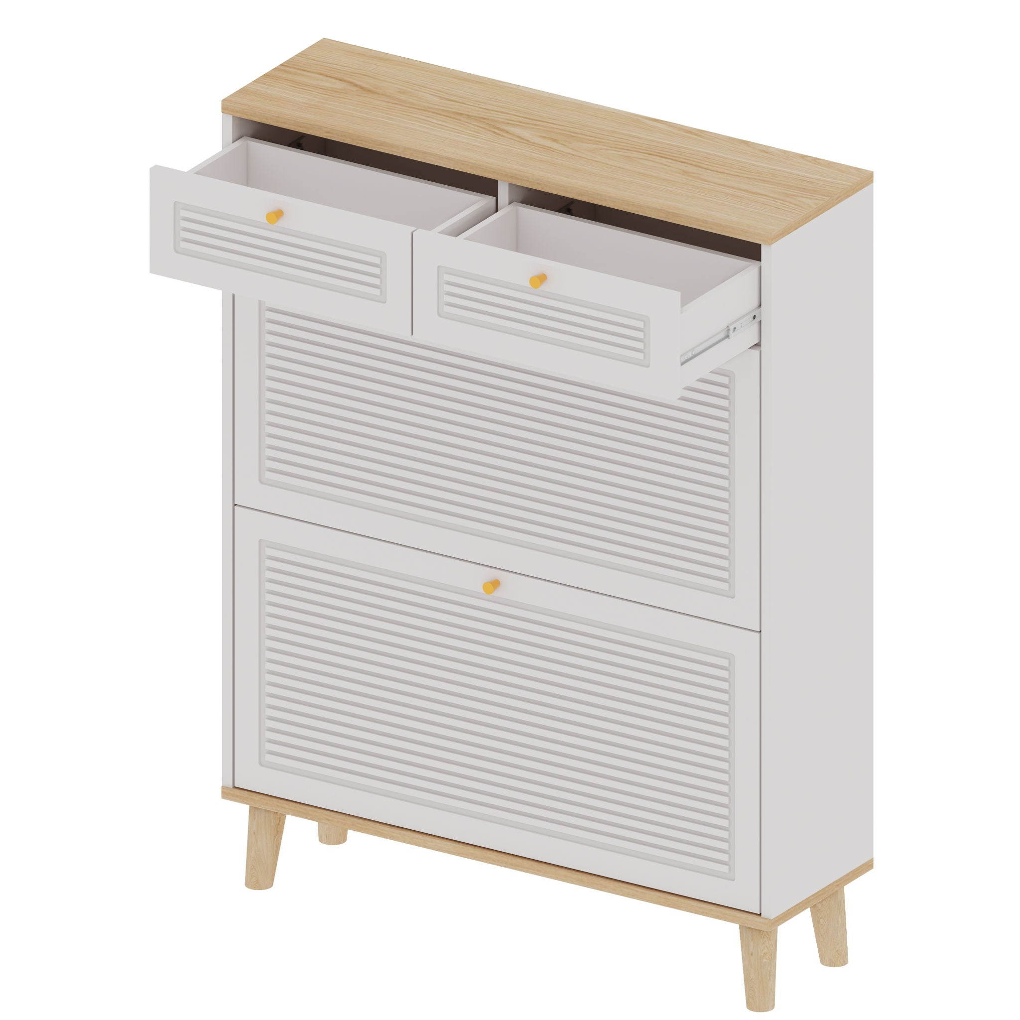 Modern Freestanding Shoe Cabinet With Flip Up Doors And Drawers, Compact Design For Entryway - White Natural