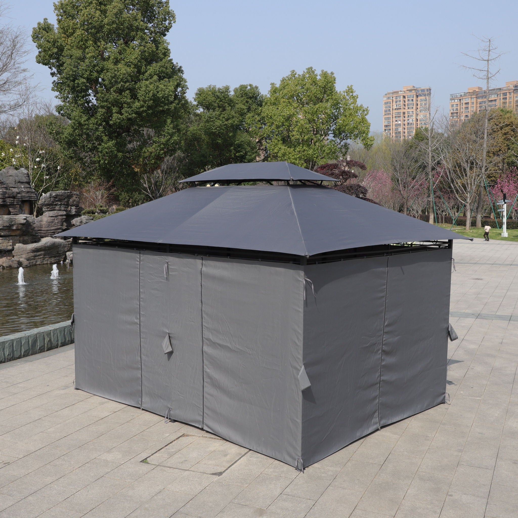 13 0 Ft Outdoor Patio Gazebo Canopy Tent With Ventilated Double Roof And Side Wall (Detachable Curtain Included On All Sides) Suitable For Lawn Garden Backyard And Deck - Gray