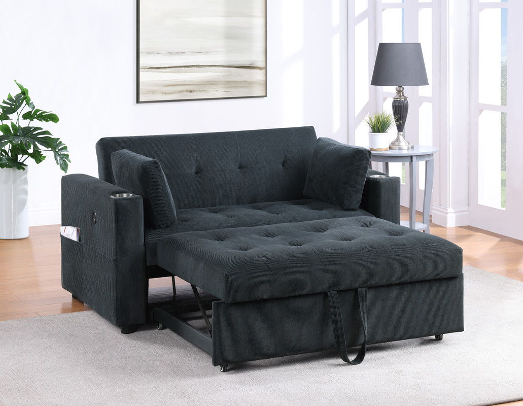 Luelle 57"W Black Corduroy Convertible Sleeper Loveseat with Cupholders, USB Ports, Magazine Pockets, Pillows, Tufting
