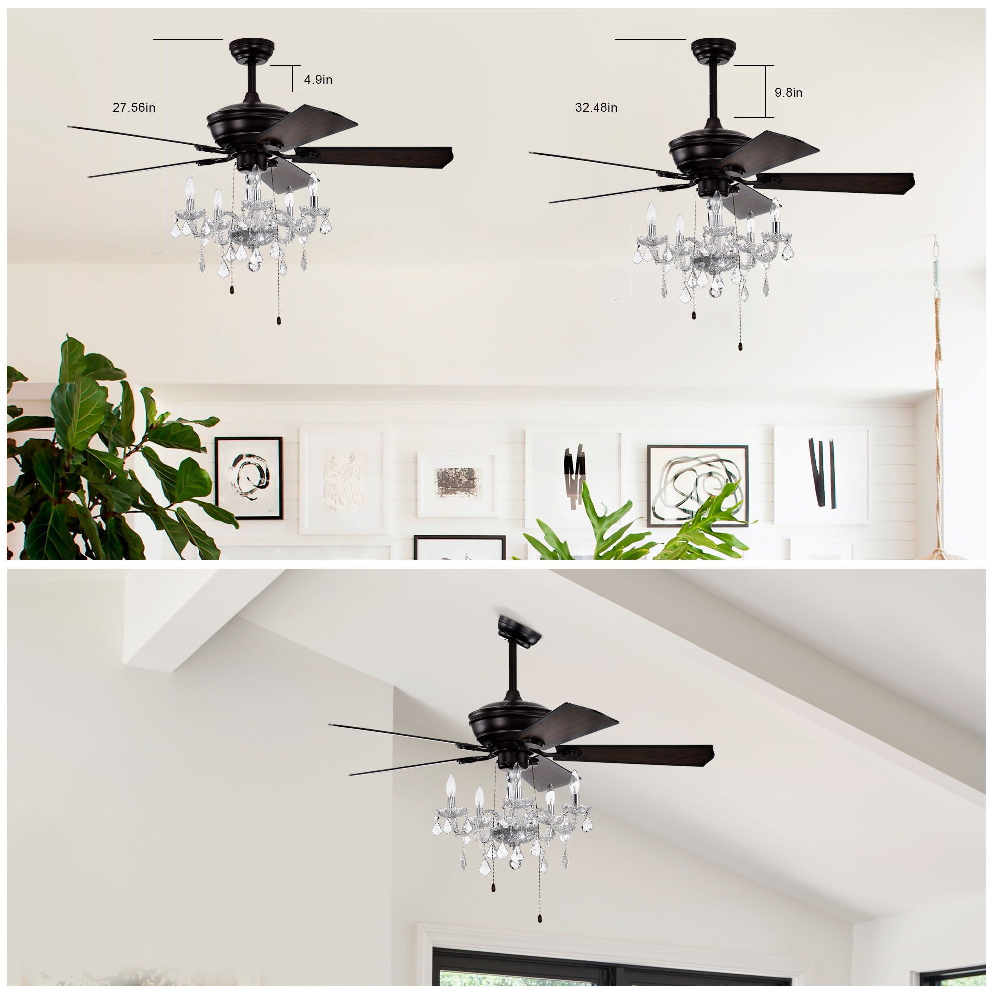 52" Crystal Shade Ceiling Fan Lamp, 3 Speed, 4 Timing, 5 Reversible Blades Crystal Ceiling Fan, 5 Pieces X E12 (No Include Bulb), Hand Pull Chain - Matte Black