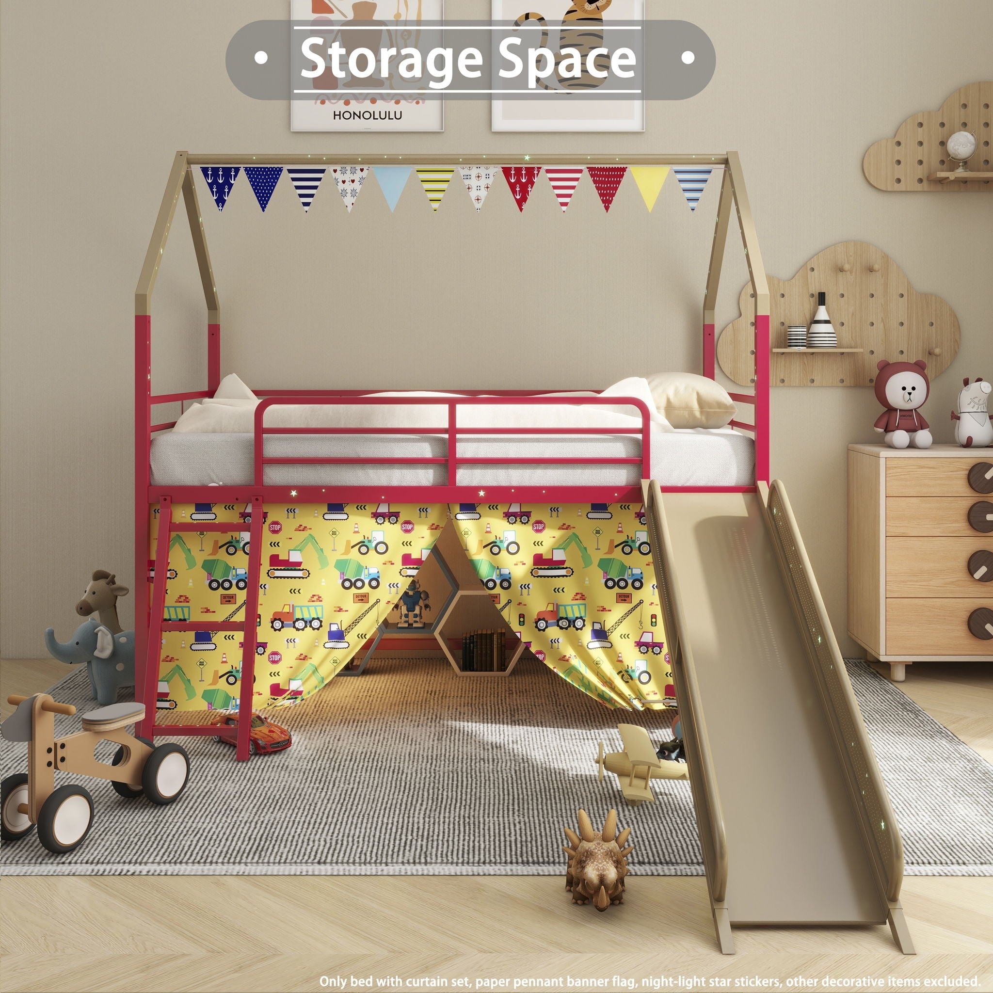 Jack - House Loft Bed With Slide And Curtain Set