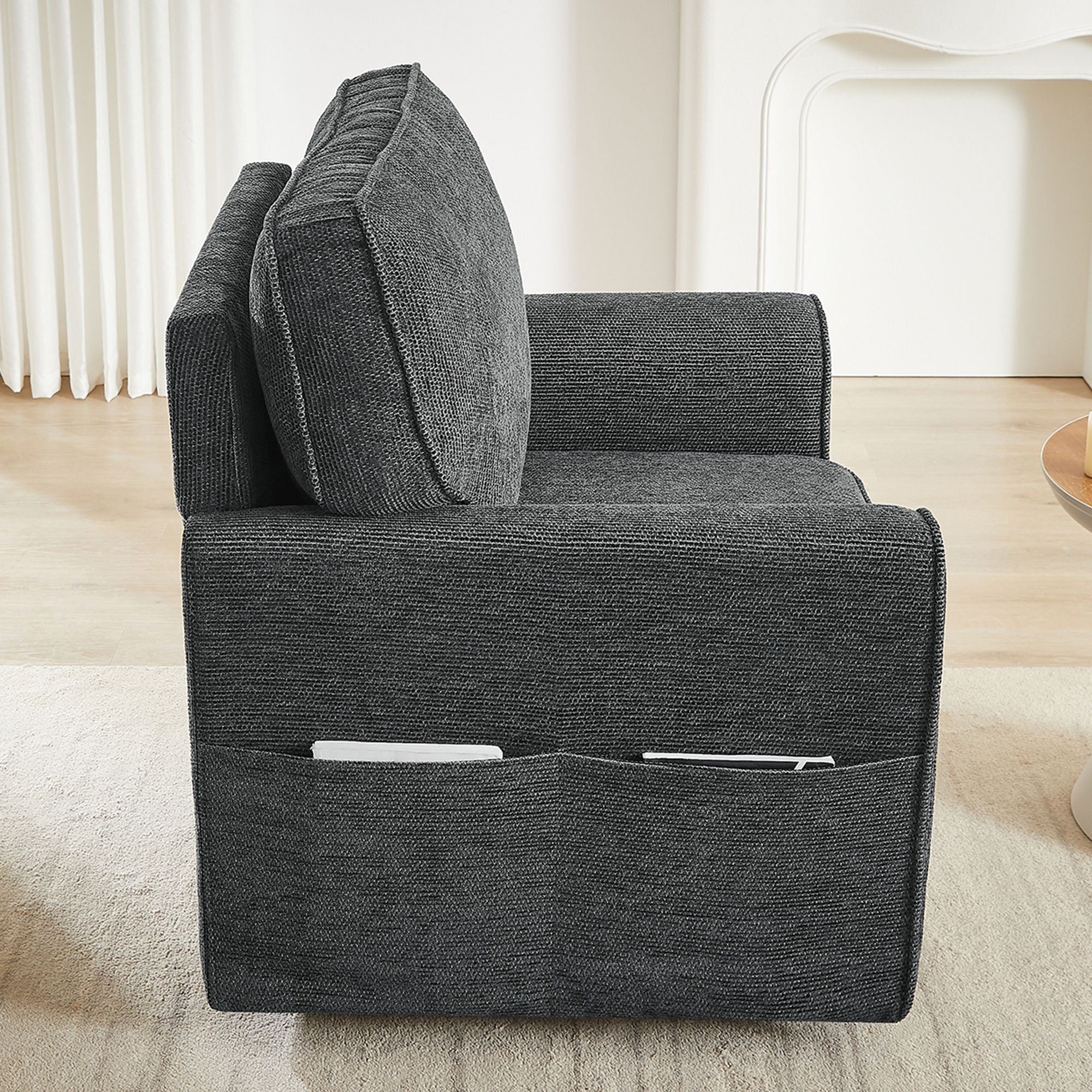 360° Swivel Accent Barrel Armchair With Side Pockets, Compact Design